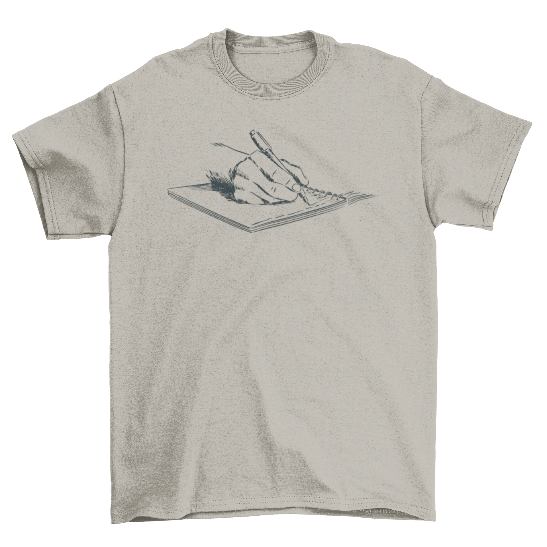 A stylish hand-drawn writing t-shirt featuring a hand sketching on a notebook, showcasing creativity and artistic flair.