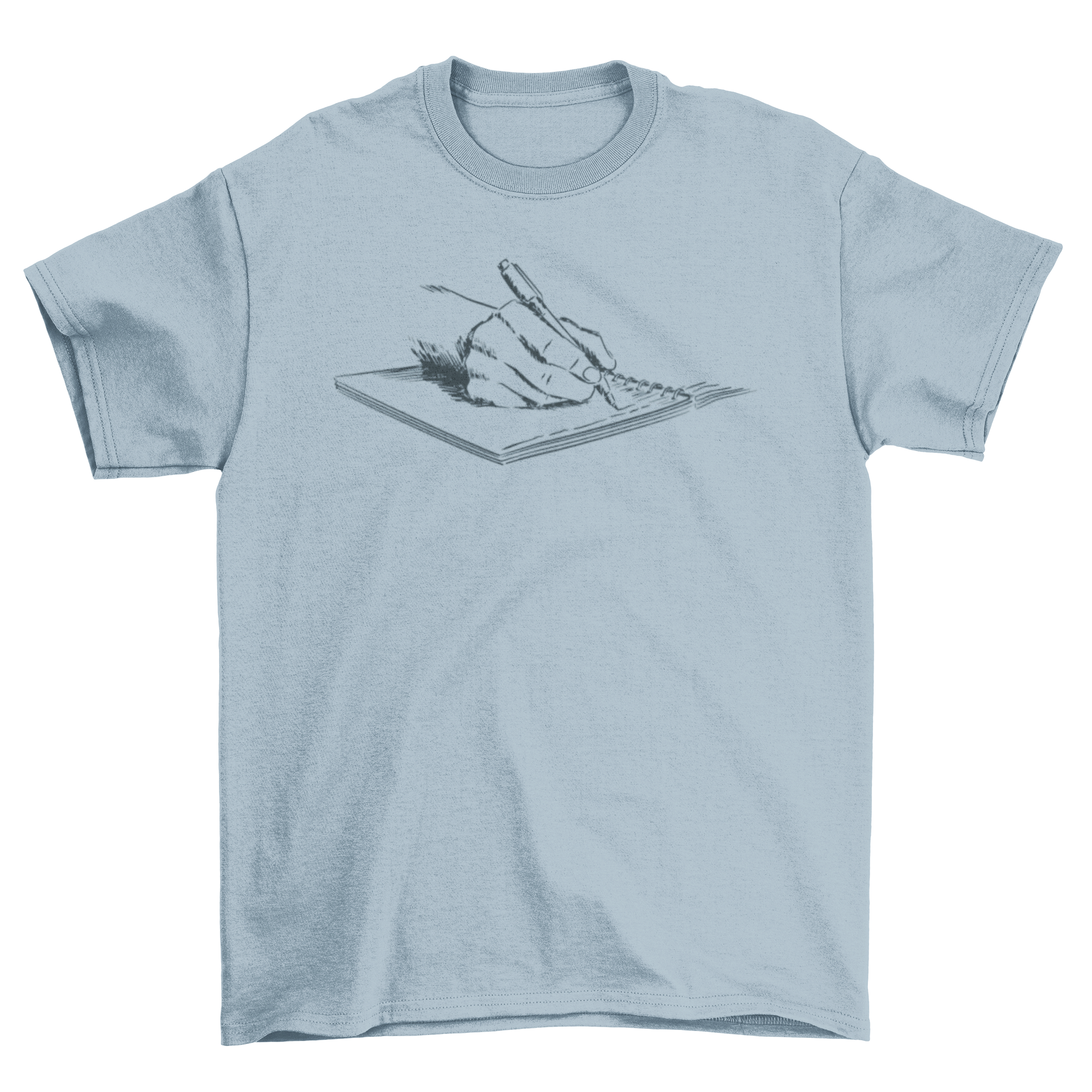 A stylish hand-drawn writing t-shirt featuring a hand sketching on a notebook, showcasing creativity and artistic flair.