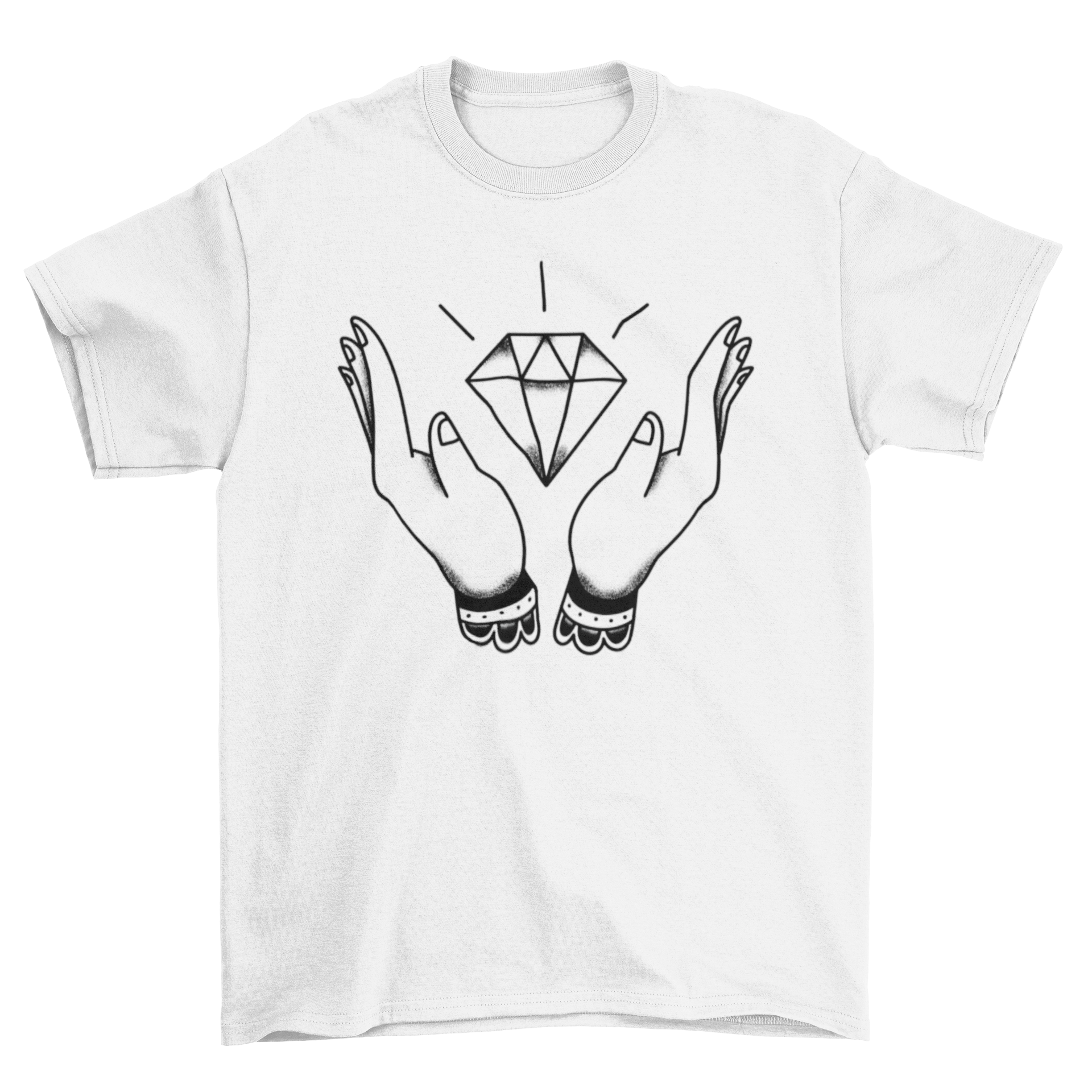 Black and white t-shirt featuring two hands holding a diamond design.