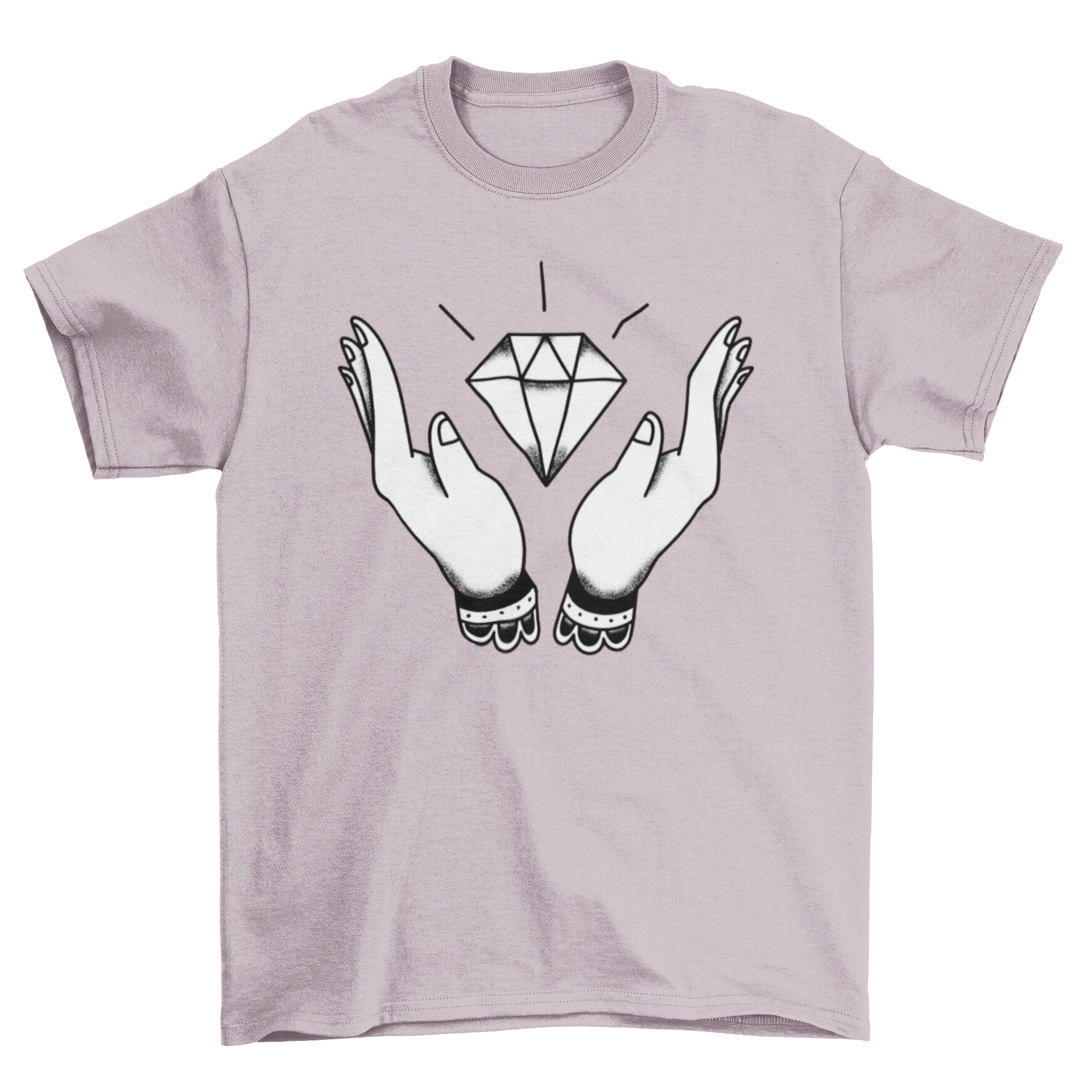 Black and white t-shirt featuring two hands holding a diamond design.