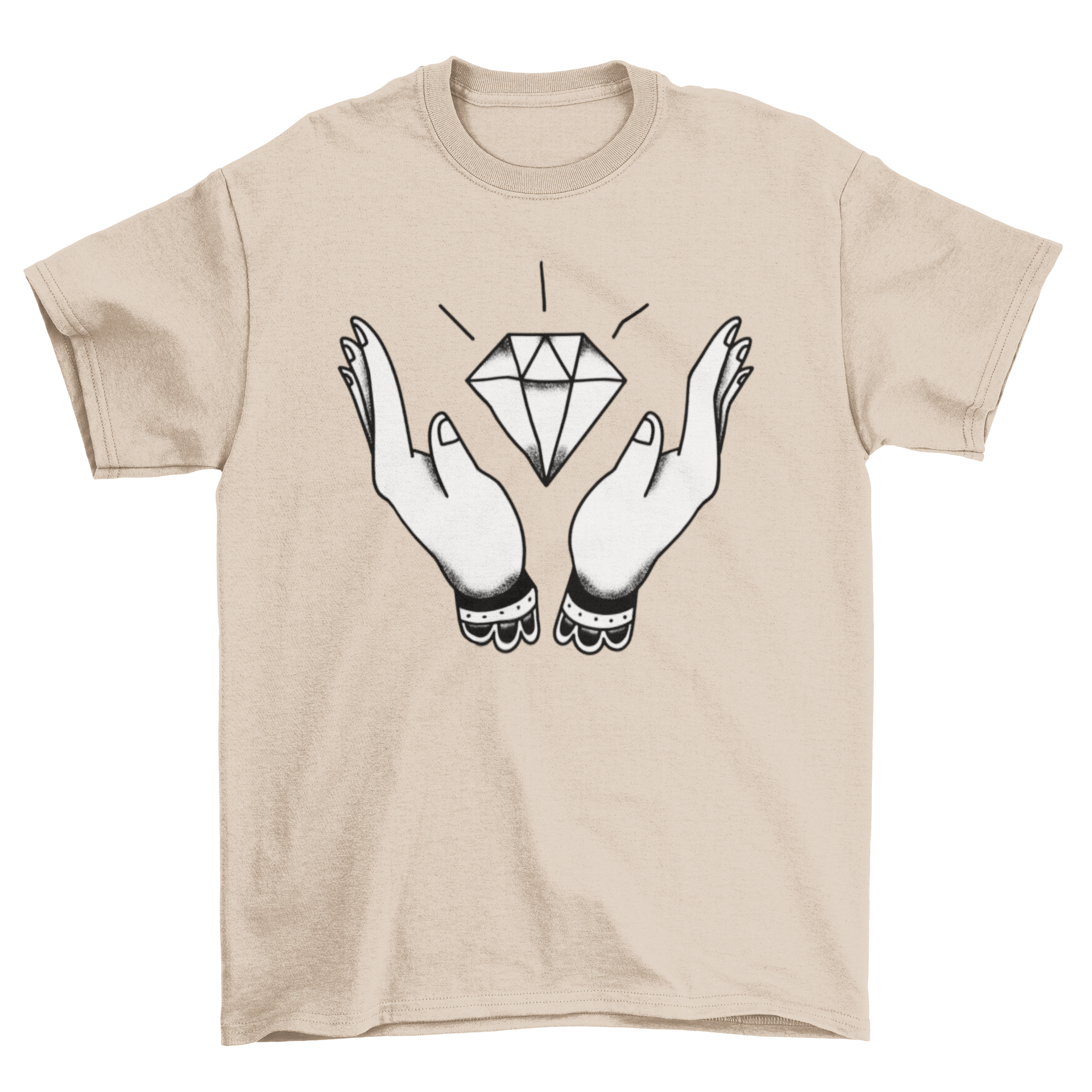 Black and white t-shirt featuring two hands holding a diamond design.