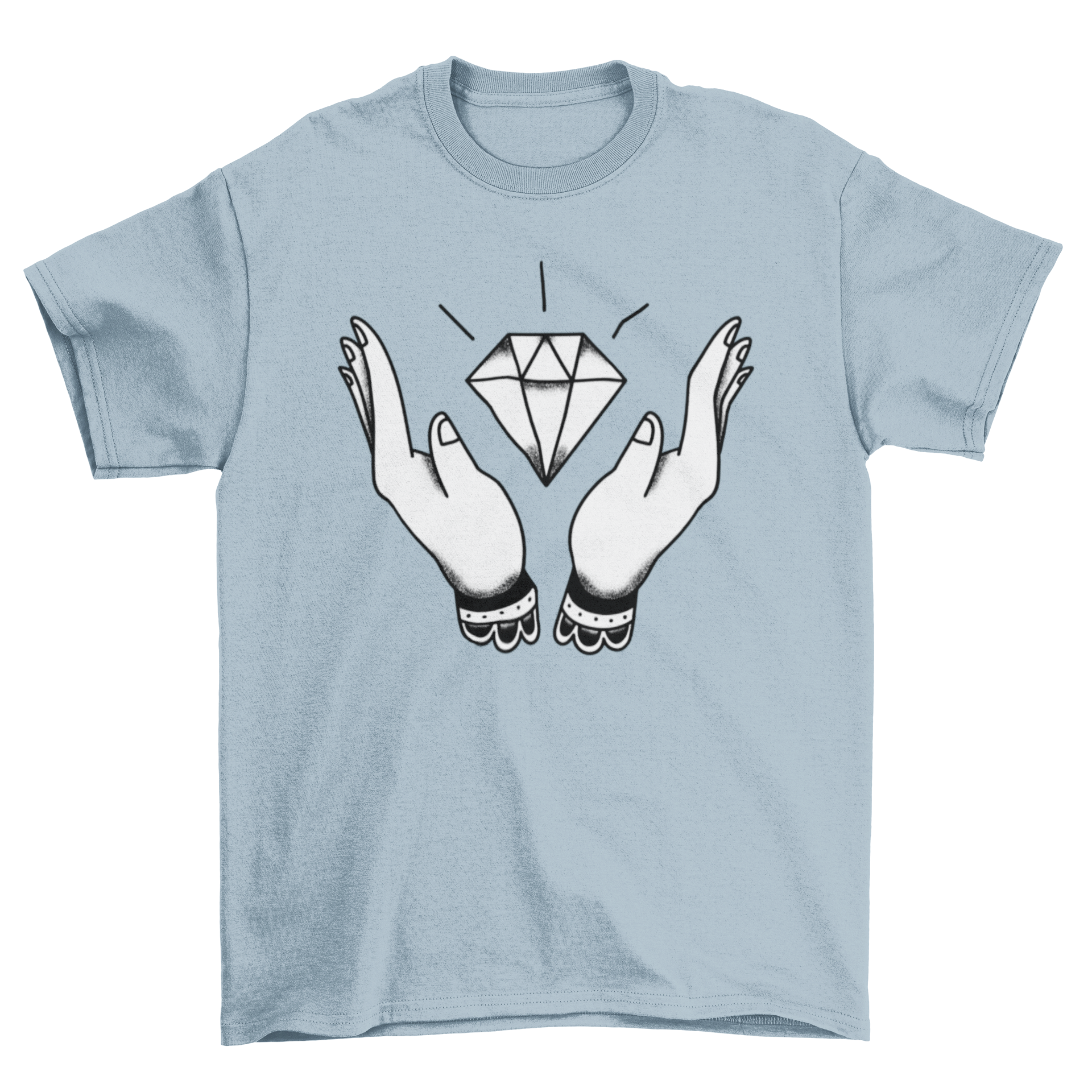 Black and white t-shirt featuring two hands holding a diamond design.