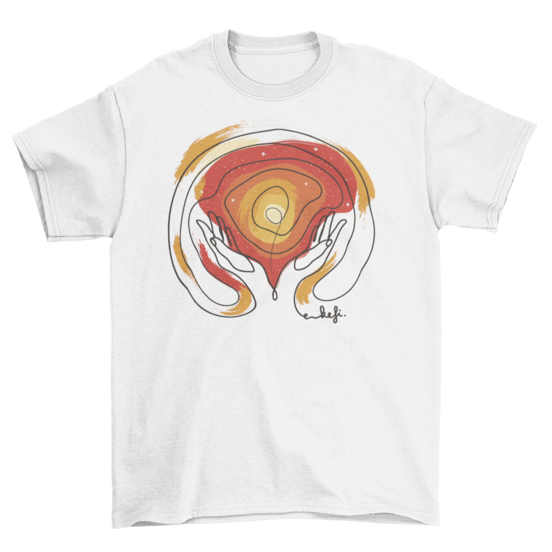 A stylish t-shirt featuring hands holding an abstract shape with Greek text symbolizing joy.