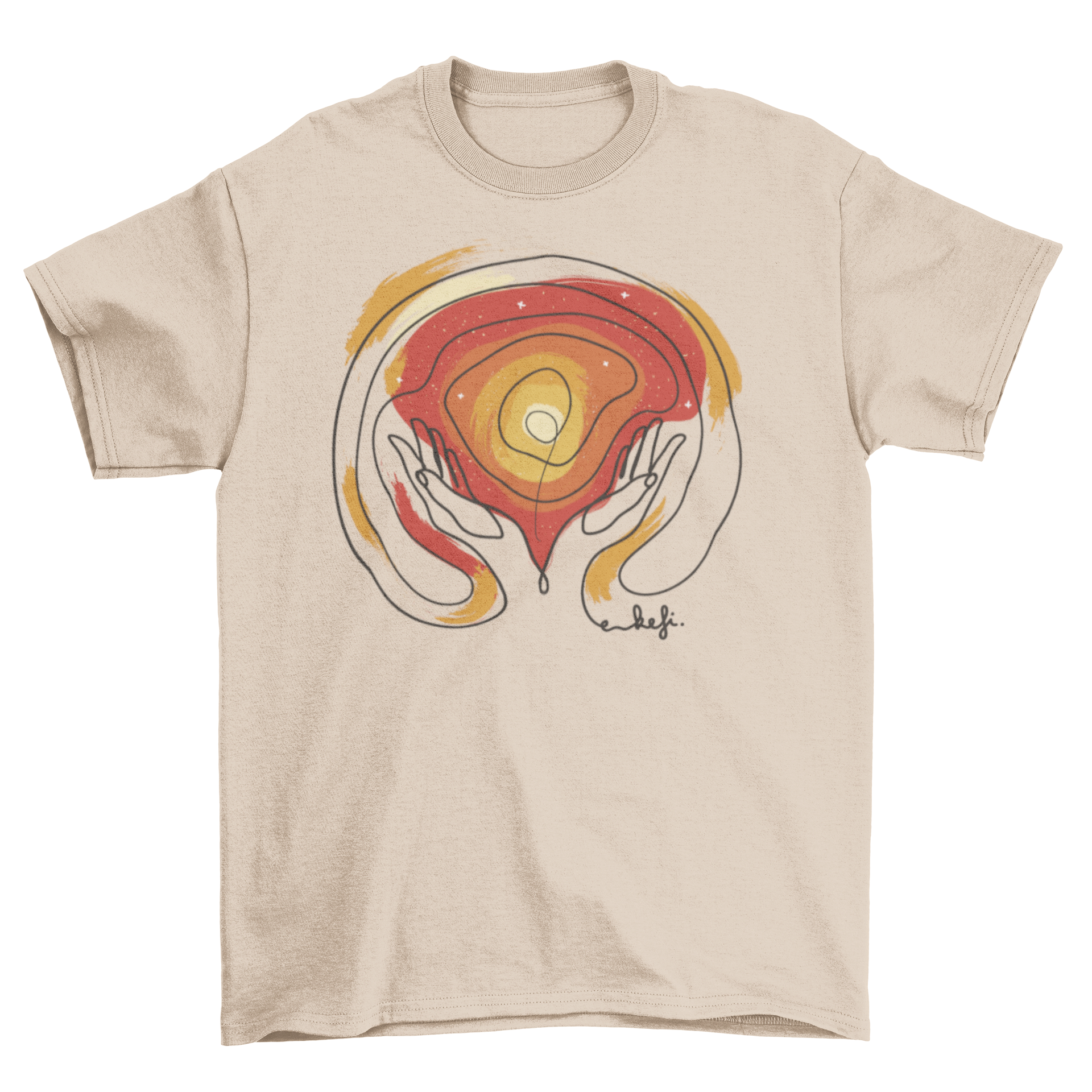 A stylish t-shirt featuring hands holding an abstract shape with Greek text symbolizing joy.