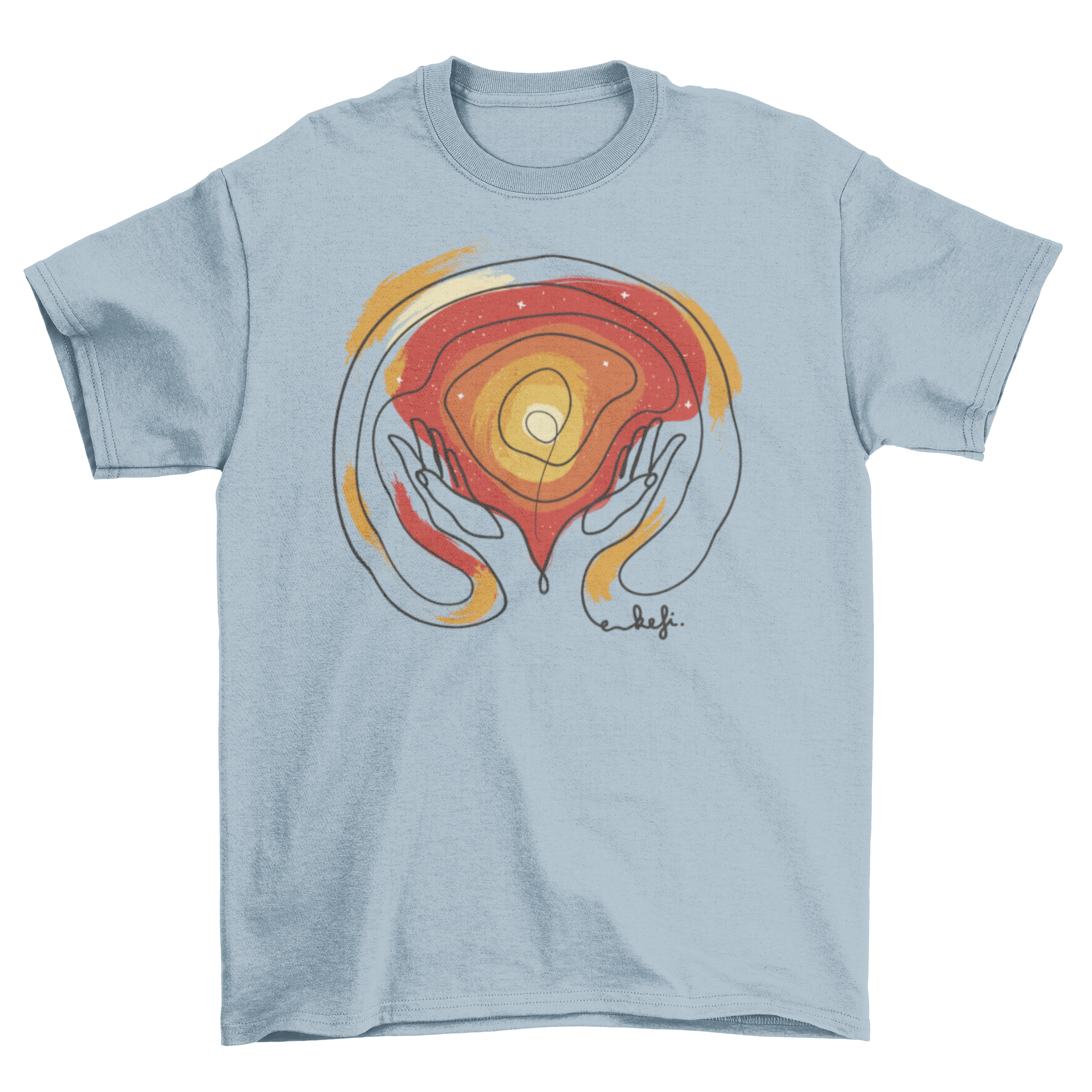 A stylish t-shirt featuring hands holding an abstract shape with Greek text symbolizing joy.