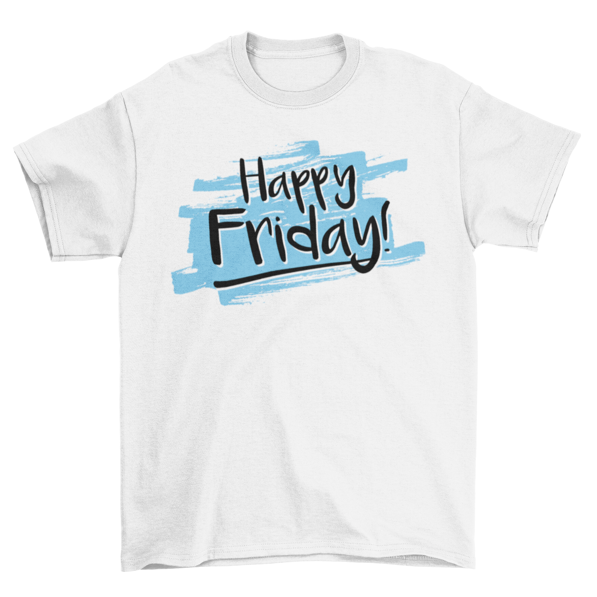 A vibrant yellow t-shirt featuring a handwritten 'Happy Friday' design, perfect for casual wear.