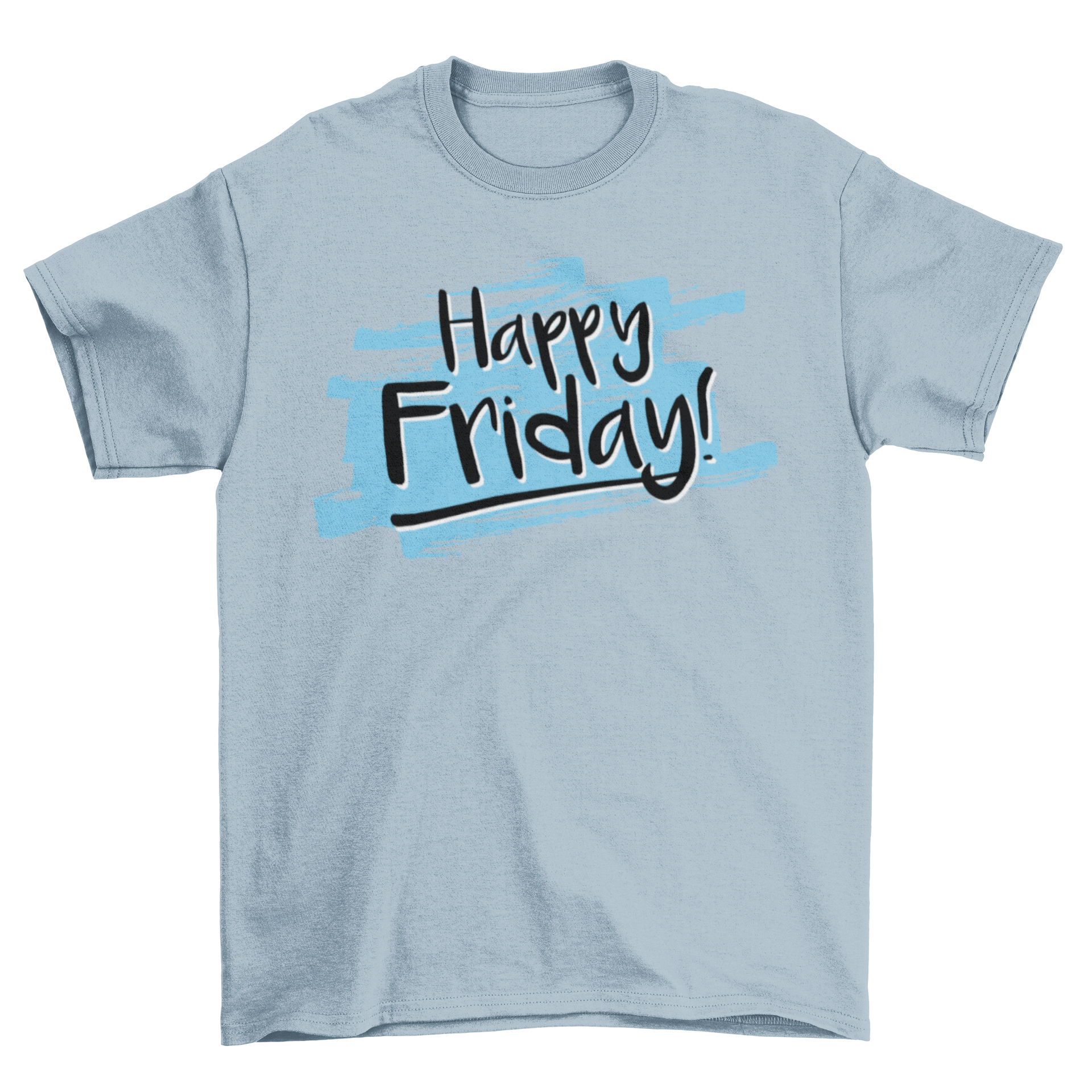 A vibrant yellow t-shirt featuring a handwritten 'Happy Friday' design, perfect for casual wear.