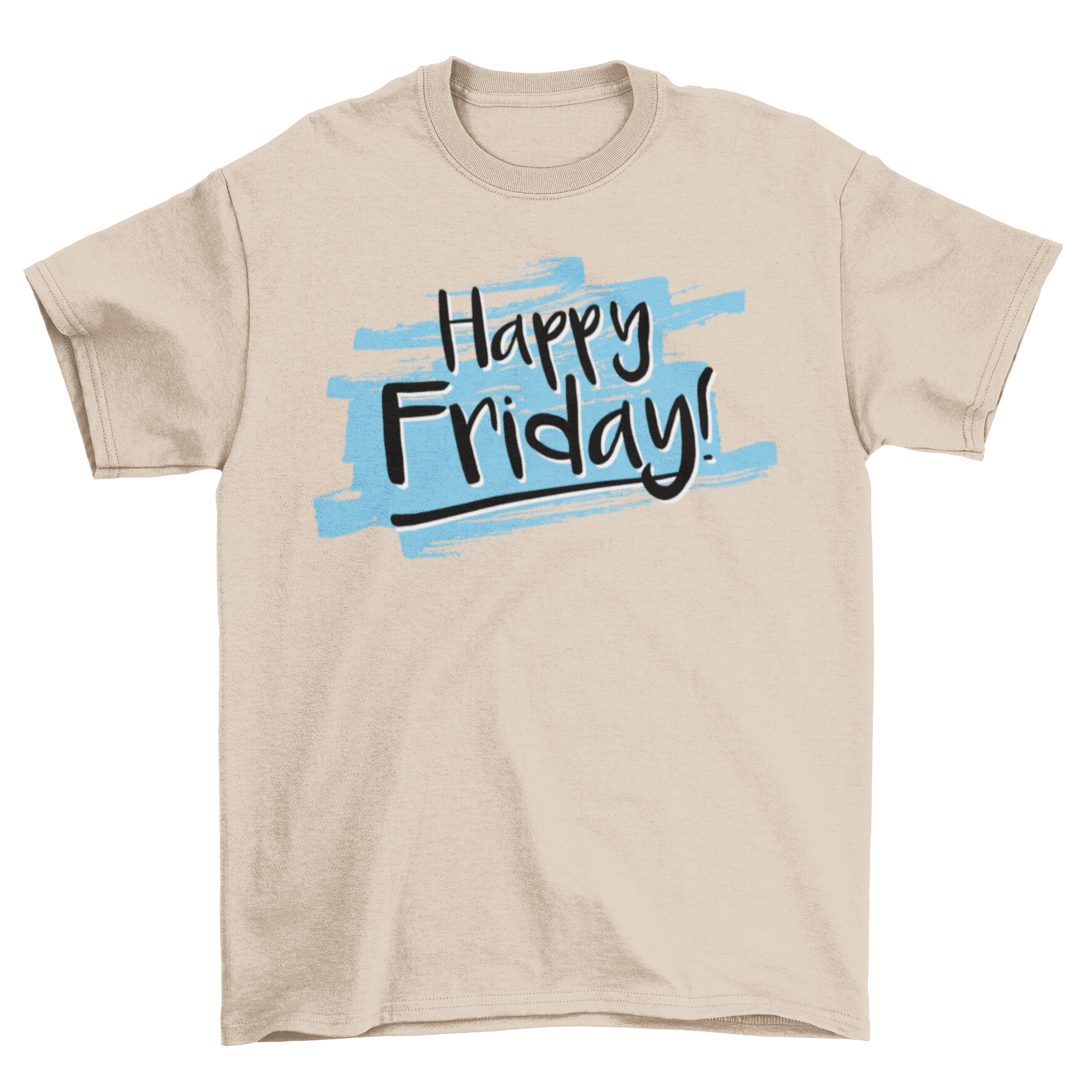 A vibrant yellow t-shirt featuring a handwritten 'Happy Friday' design, perfect for casual wear.