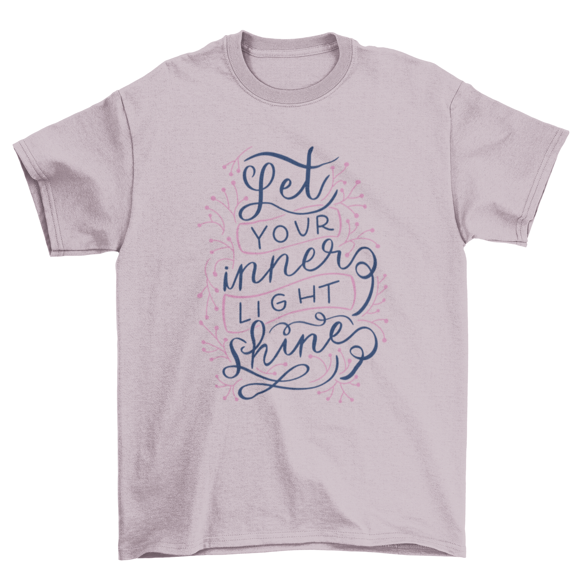 A stylish t-shirt featuring handwritten motivational lettering that says 'Let your inner light shine' on a soft fabric.