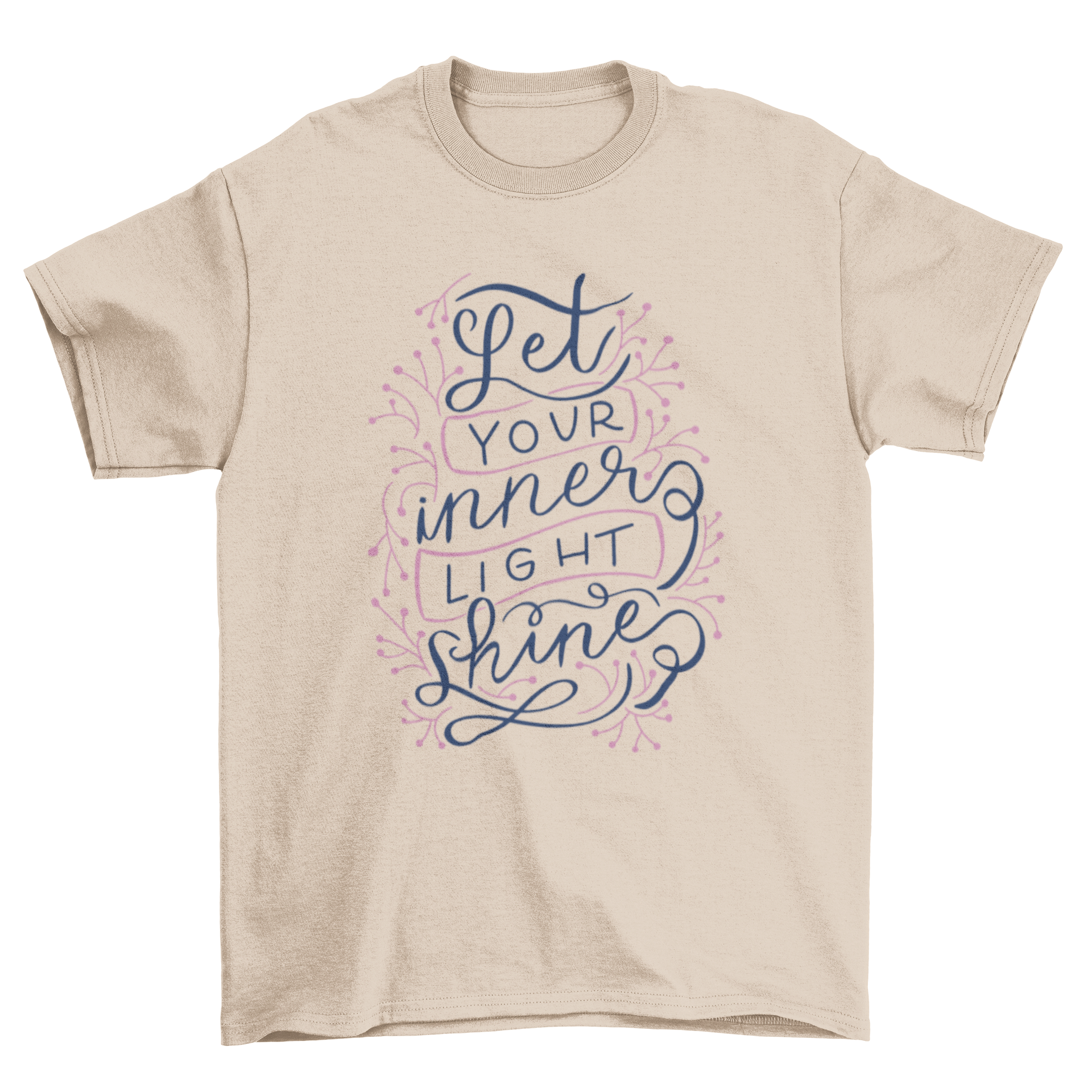 A stylish t-shirt featuring handwritten motivational lettering that says 'Let your inner light shine' on a soft fabric.