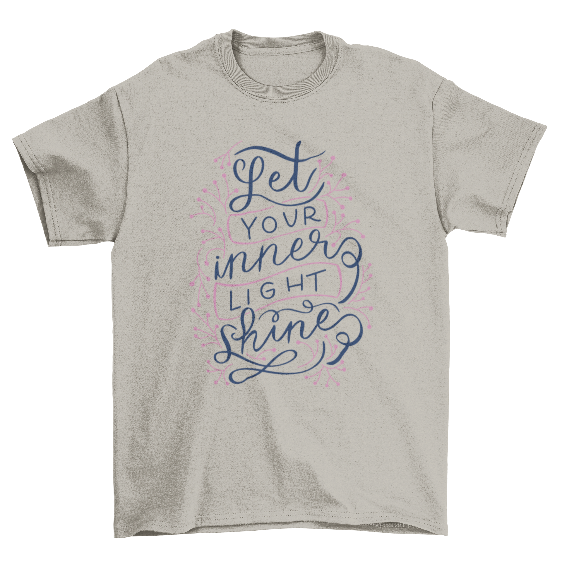 A stylish t-shirt featuring handwritten motivational lettering that says 'Let your inner light shine' on a soft fabric.