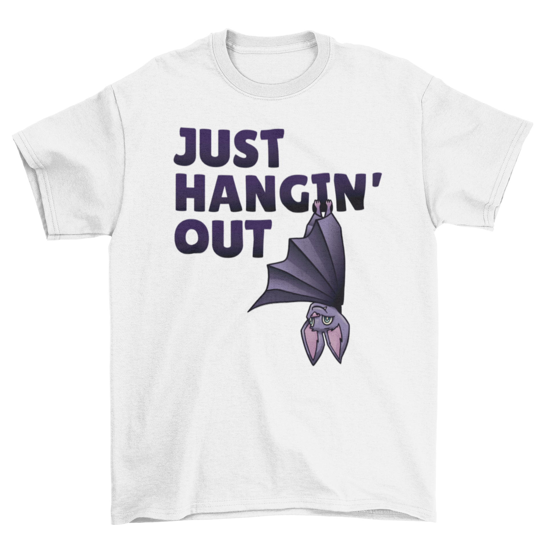 A stylish Hanging Bat T-Shirt featuring a bat graphic and the quote Just hangin' out, perfect for casual wear.