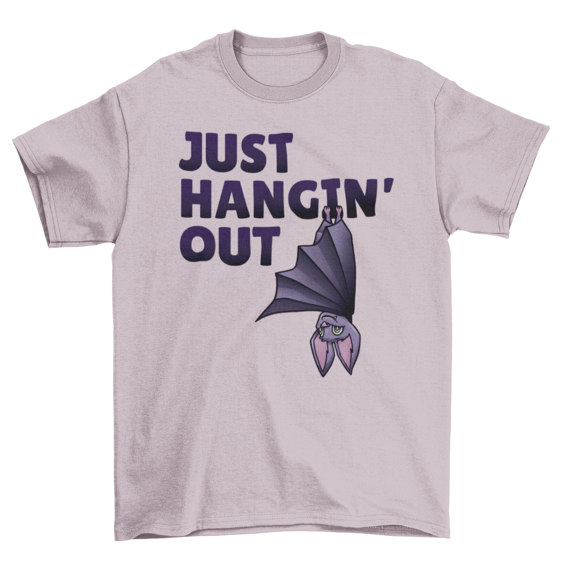 A stylish Hanging Bat T-Shirt featuring a bat graphic and the quote Just hangin' out, perfect for casual wear.