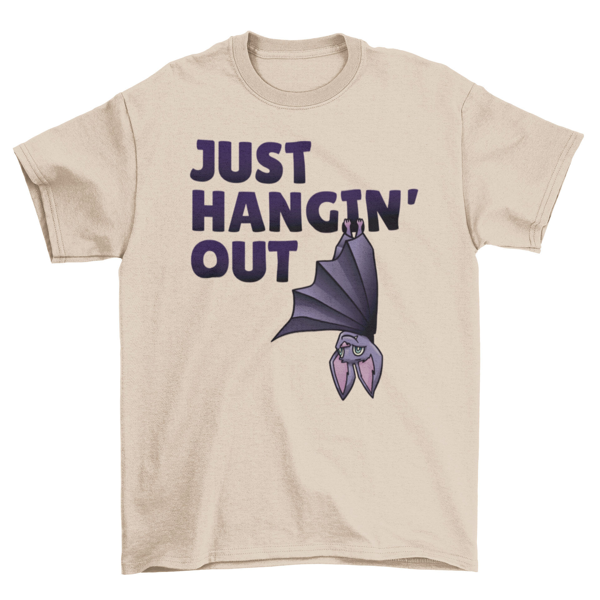 A stylish Hanging Bat T-Shirt featuring a bat graphic and the quote Just hangin' out, perfect for casual wear.