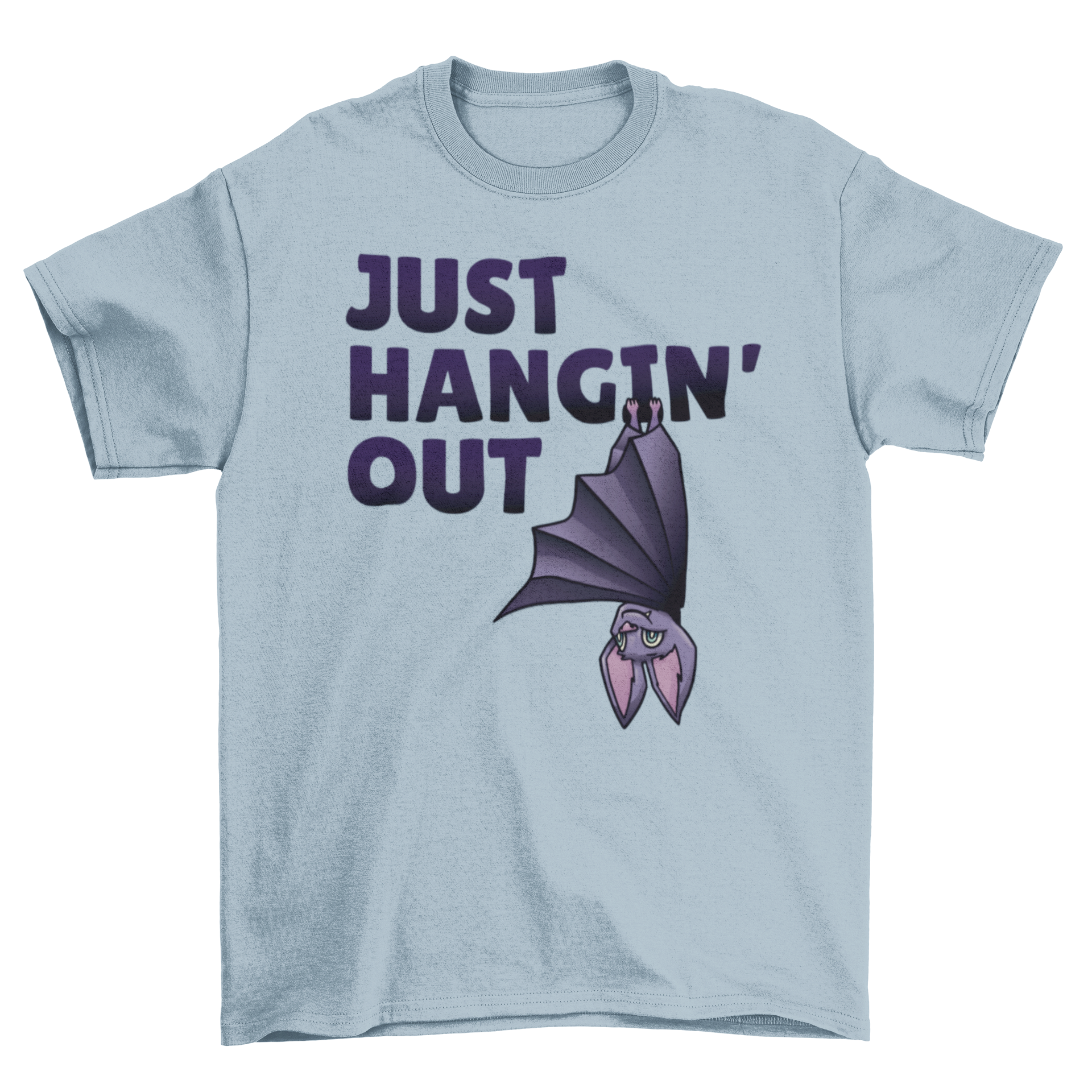 A stylish Hanging Bat T-Shirt featuring a bat graphic and the quote Just hangin' out, perfect for casual wear.