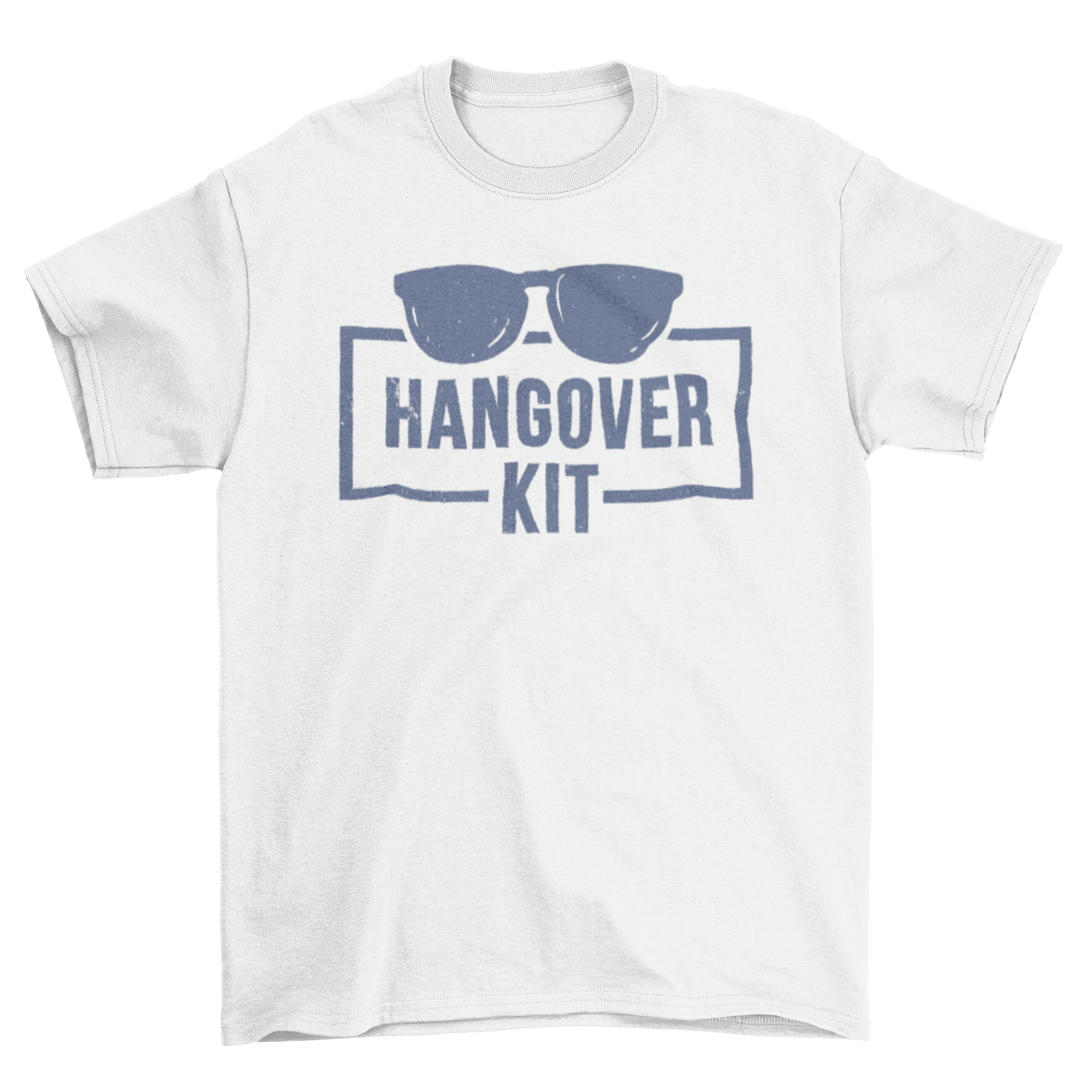 Hangover Kit T-Shirt featuring sunglasses graphic and humorous quote.