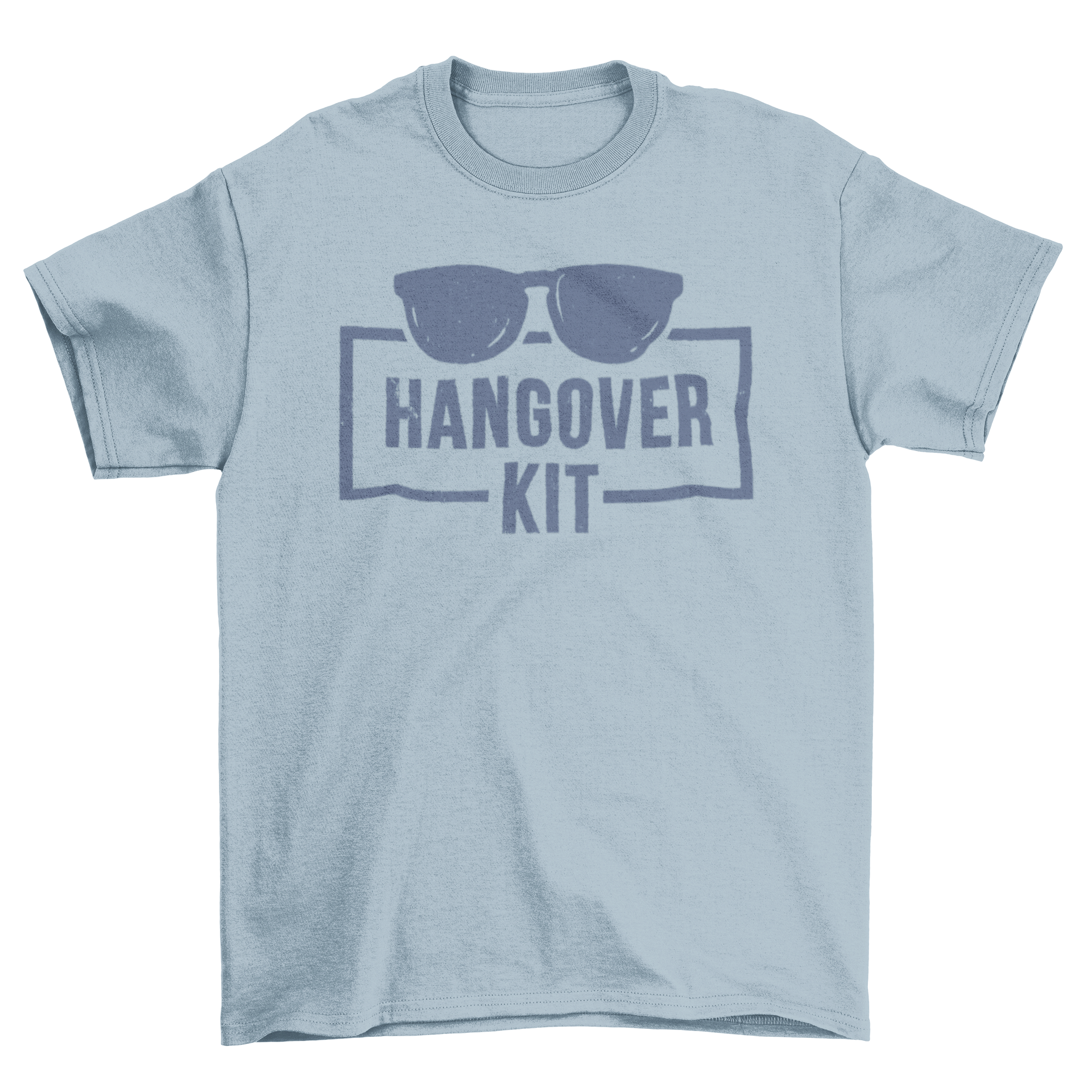 Hangover Kit T-Shirt featuring sunglasses graphic and humorous quote.