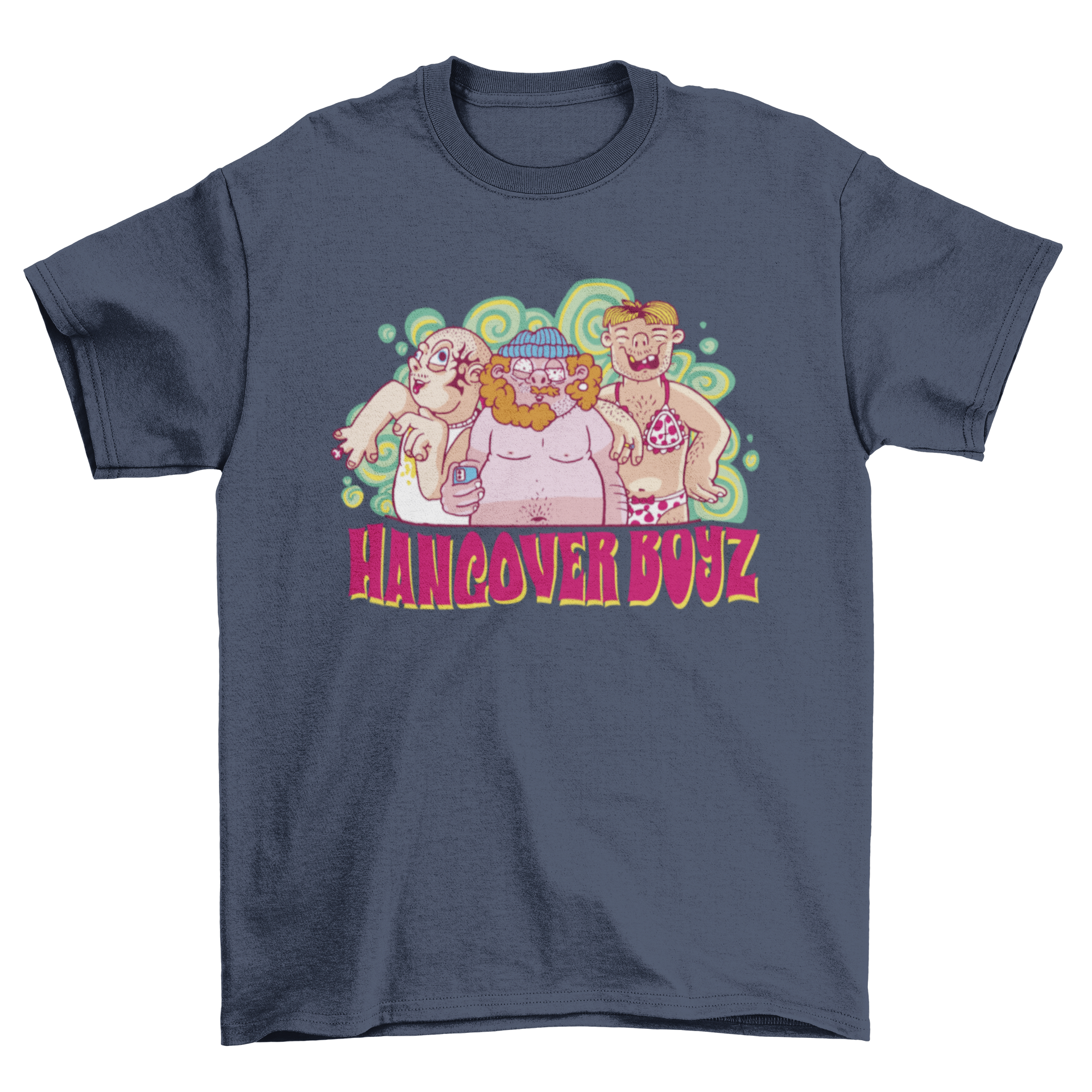 A humorous t-shirt design featuring three hangover men with the quote 'Hangover boys', perfect for casual wear.