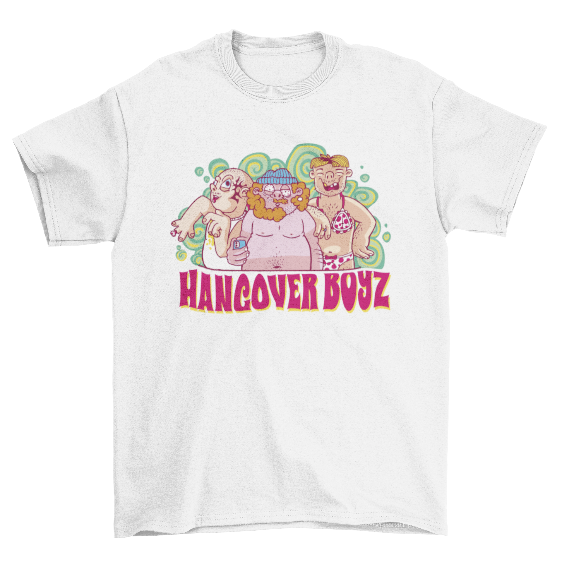 A humorous t-shirt design featuring three hangover men with the quote 'Hangover boys', perfect for casual wear.