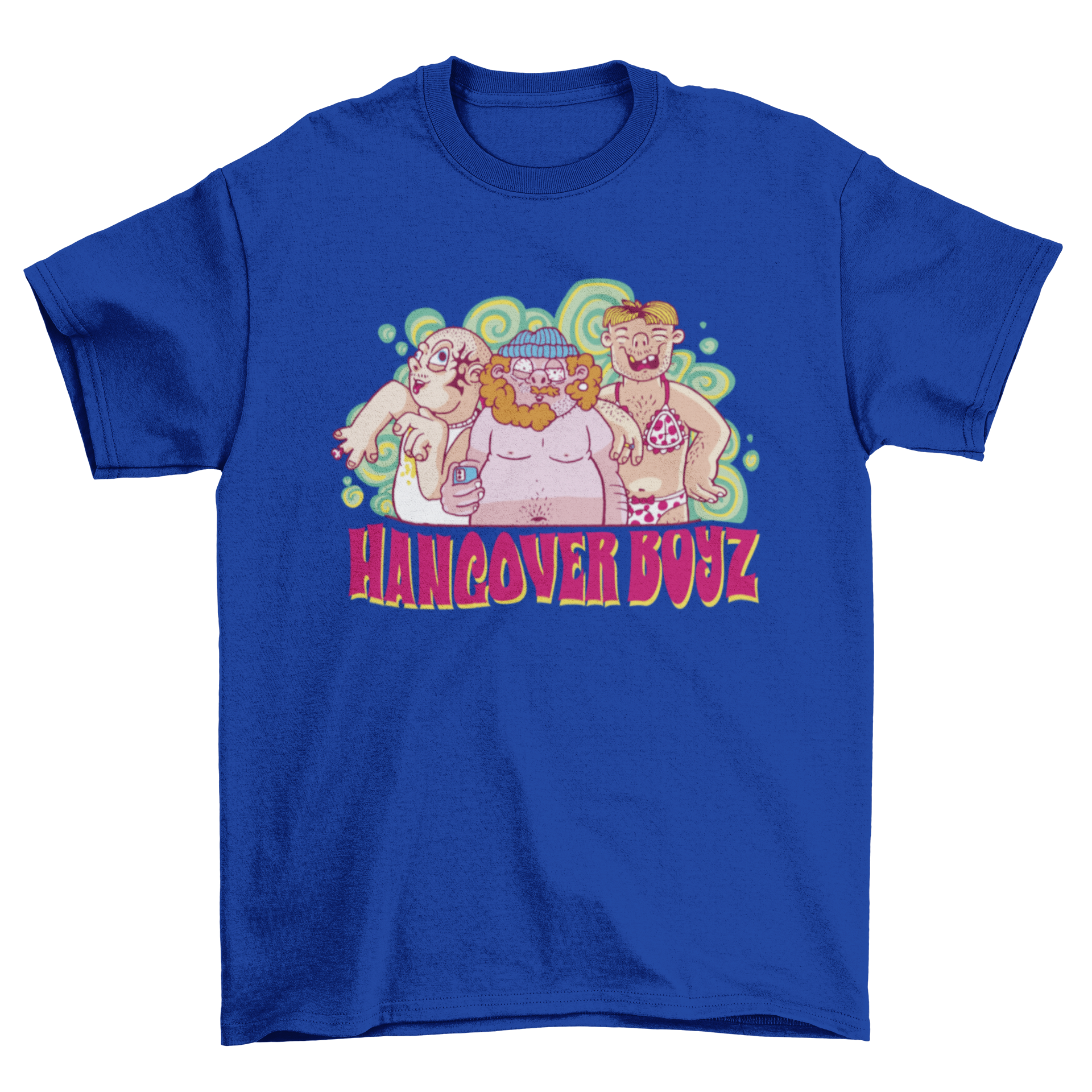 A humorous t-shirt design featuring three hangover men with the quote 'Hangover boys', perfect for casual wear.