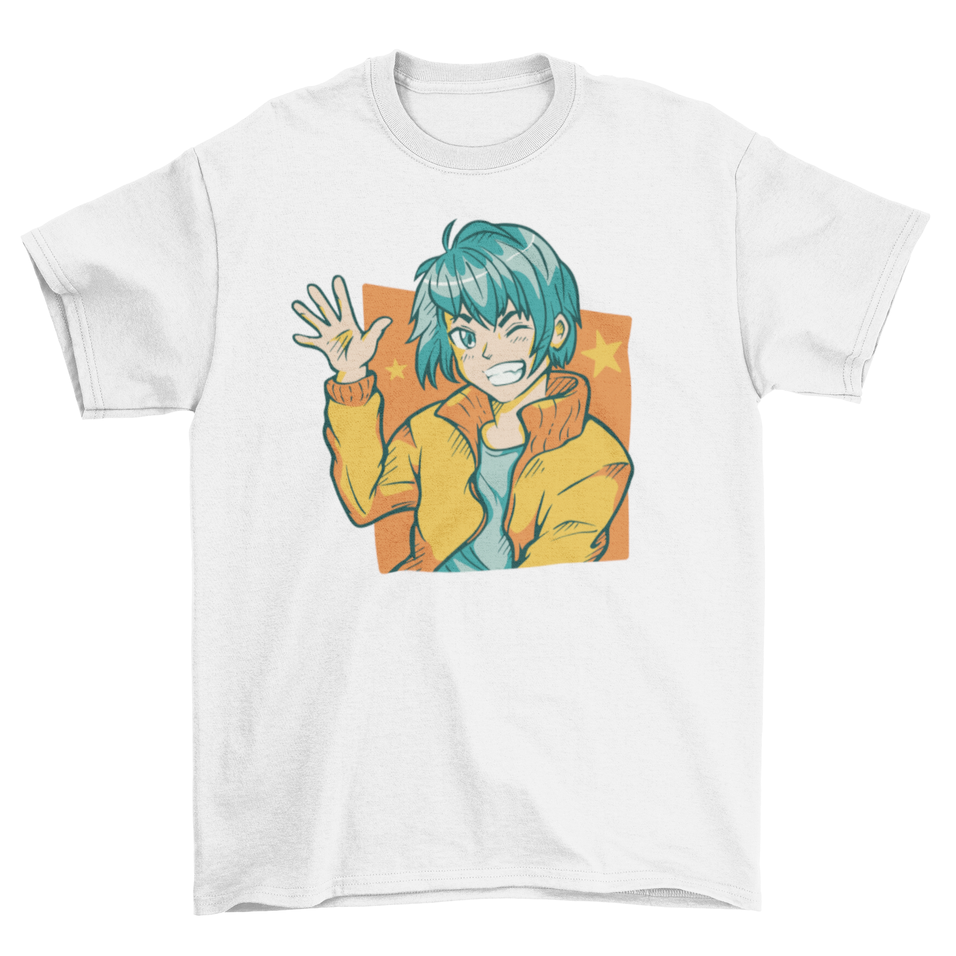 A vibrant t-shirt featuring a happy anime boy waving, showcasing colorful graphics and a stylish fit.