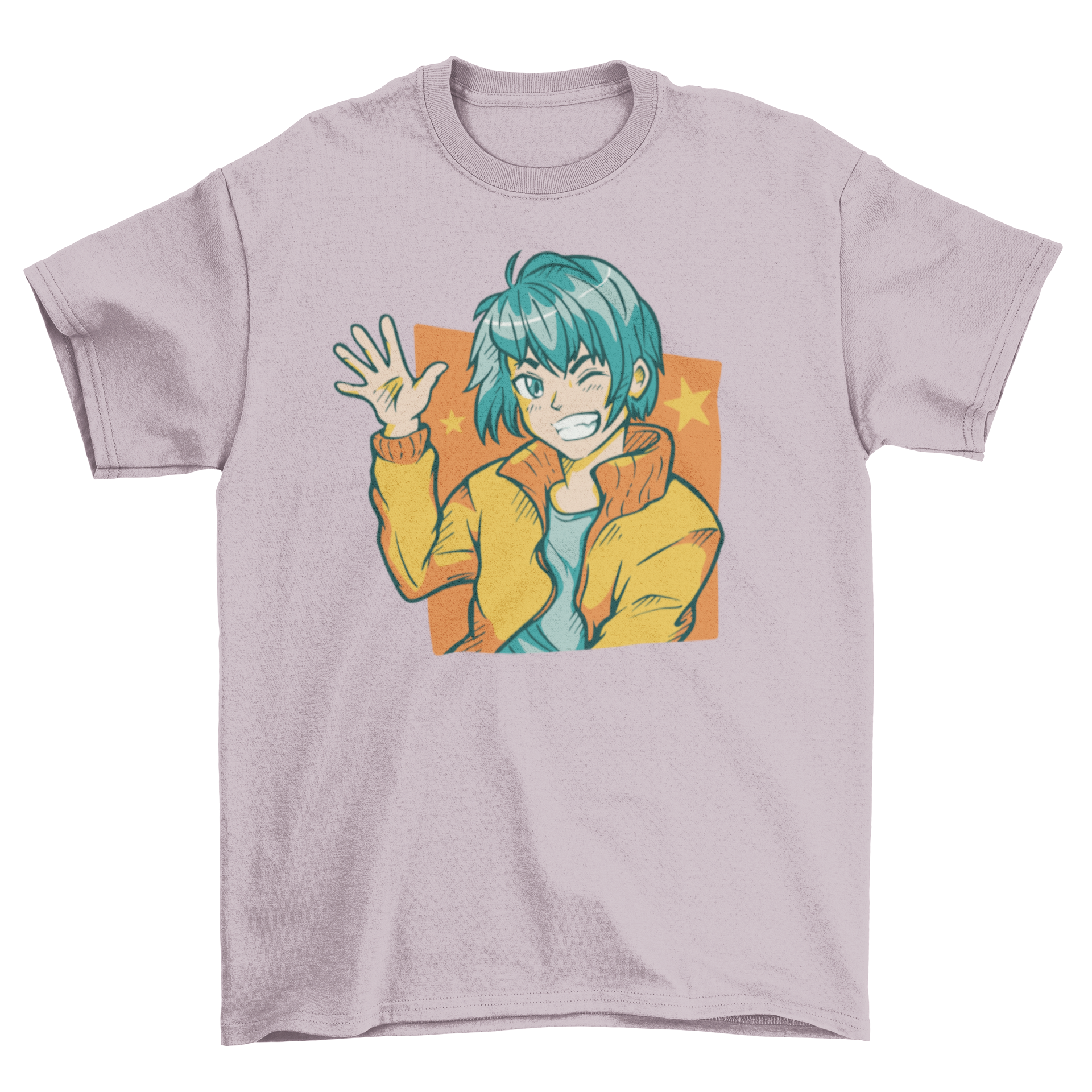 A vibrant t-shirt featuring a happy anime boy waving, showcasing colorful graphics and a stylish fit.