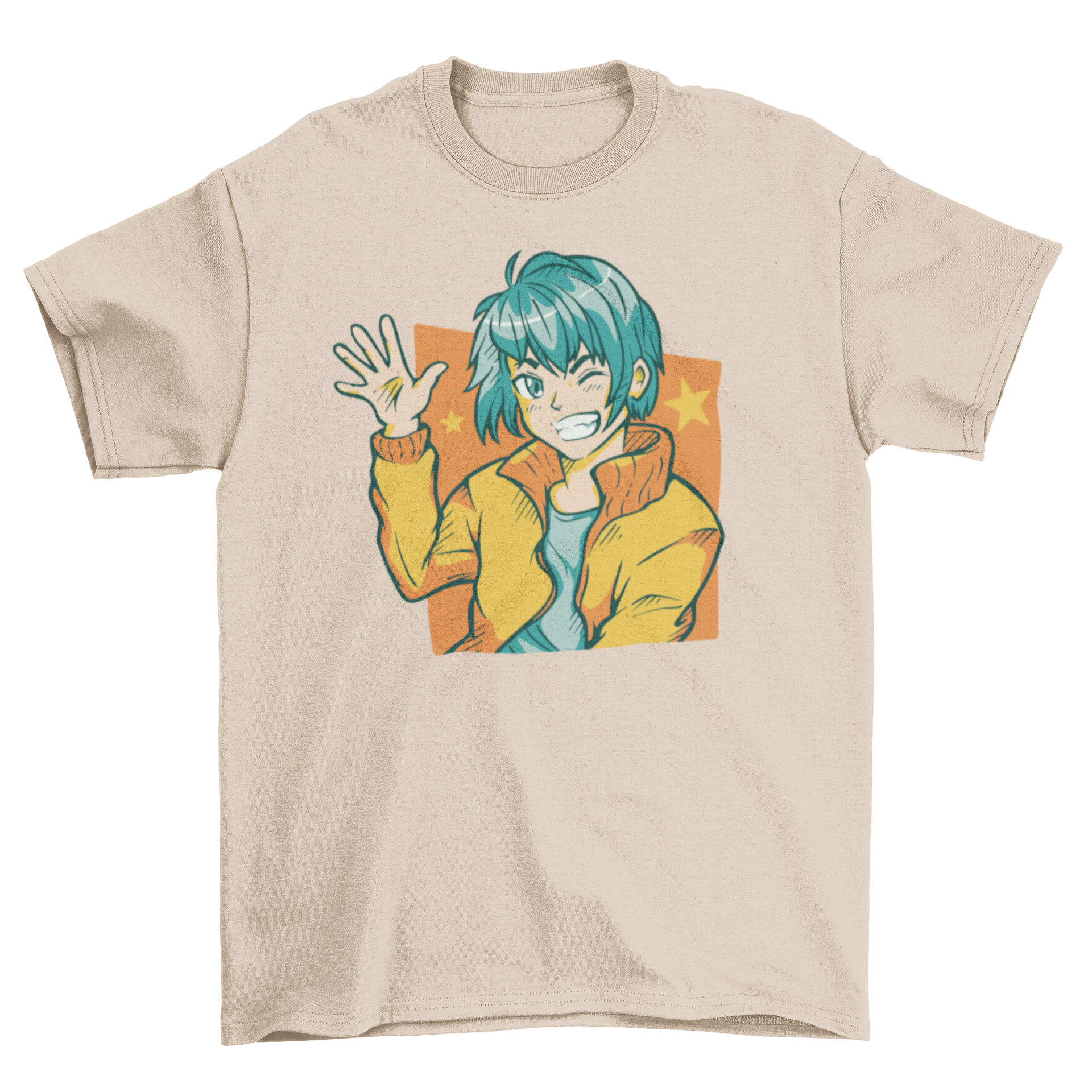 A vibrant t-shirt featuring a happy anime boy waving, showcasing colorful graphics and a stylish fit.