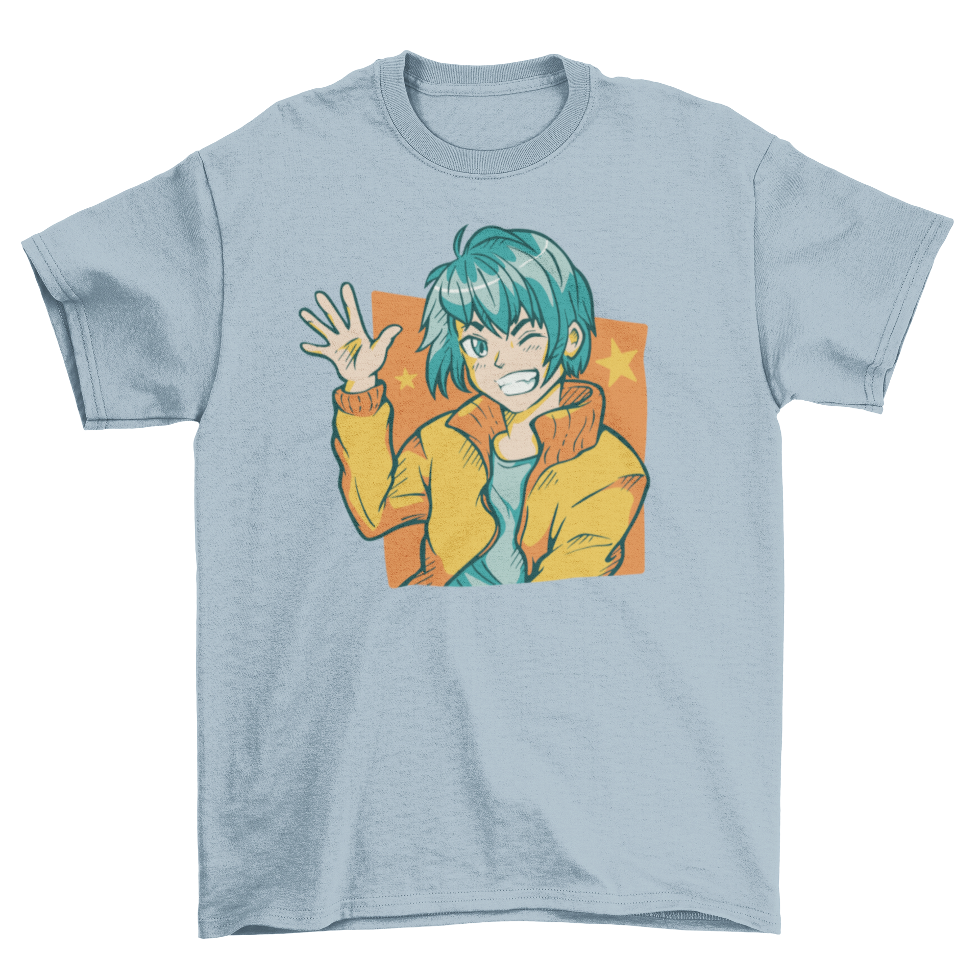 A vibrant t-shirt featuring a happy anime boy waving, showcasing colorful graphics and a stylish fit.