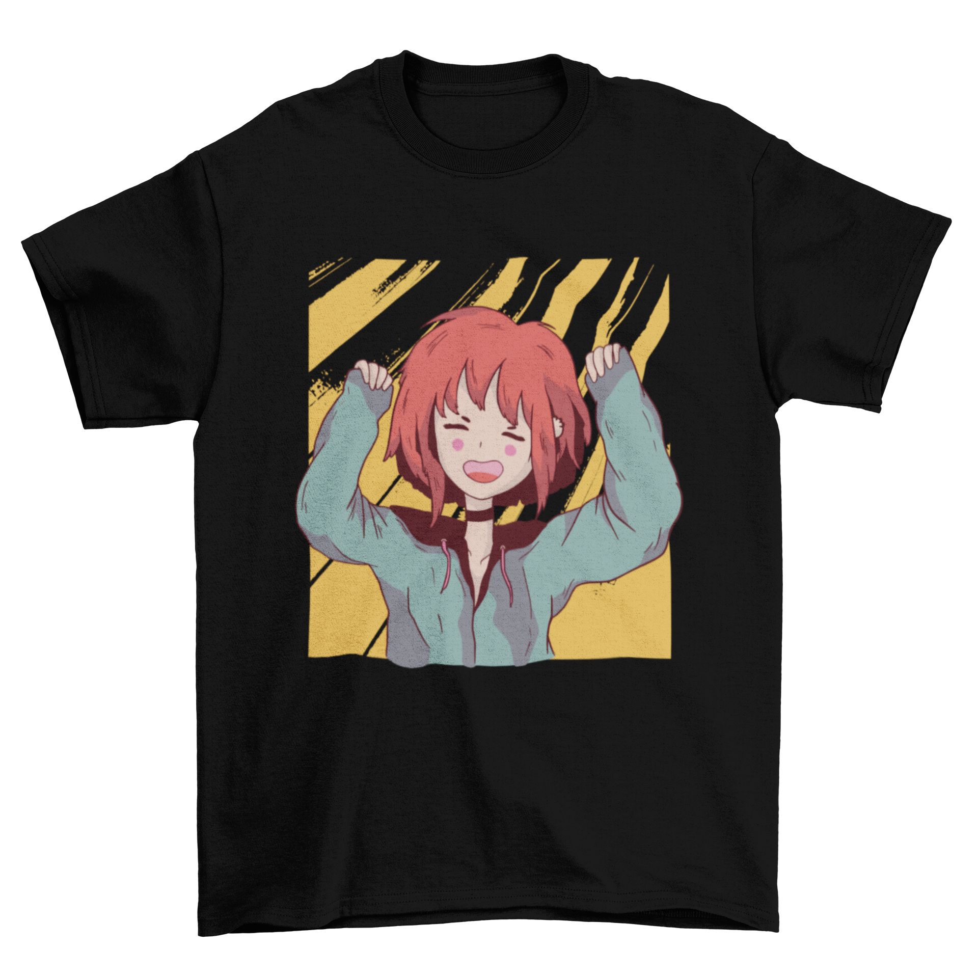 Happy Anime Girl T-Shirt featuring a joyful anime girl illustration with arms raised.