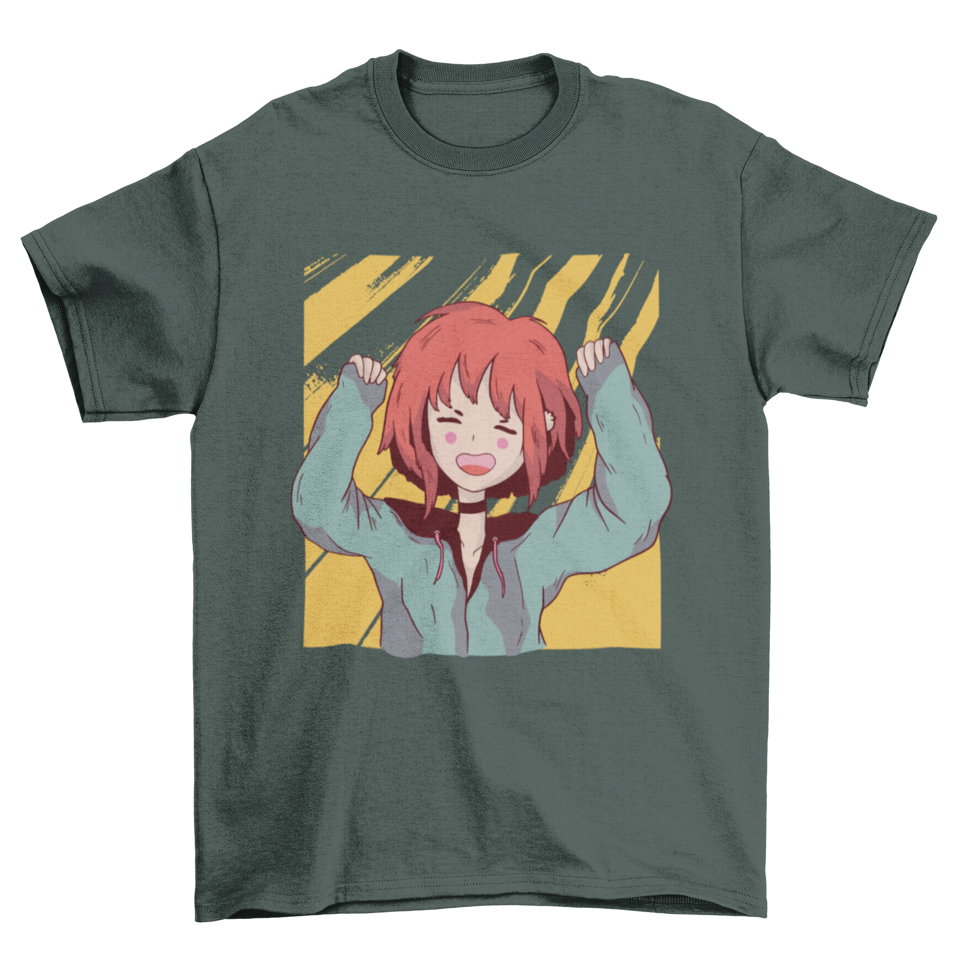 Happy Anime Girl T-Shirt featuring a joyful anime girl illustration with arms raised.