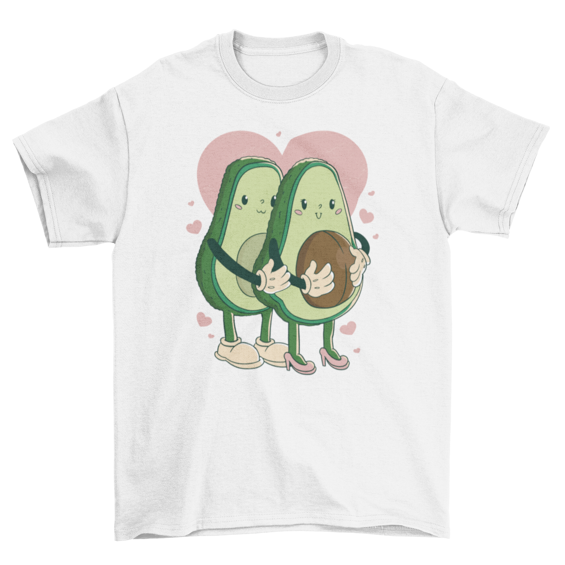 Happy avocado couple t-shirt featuring two avocados hugging with a heart in the background.