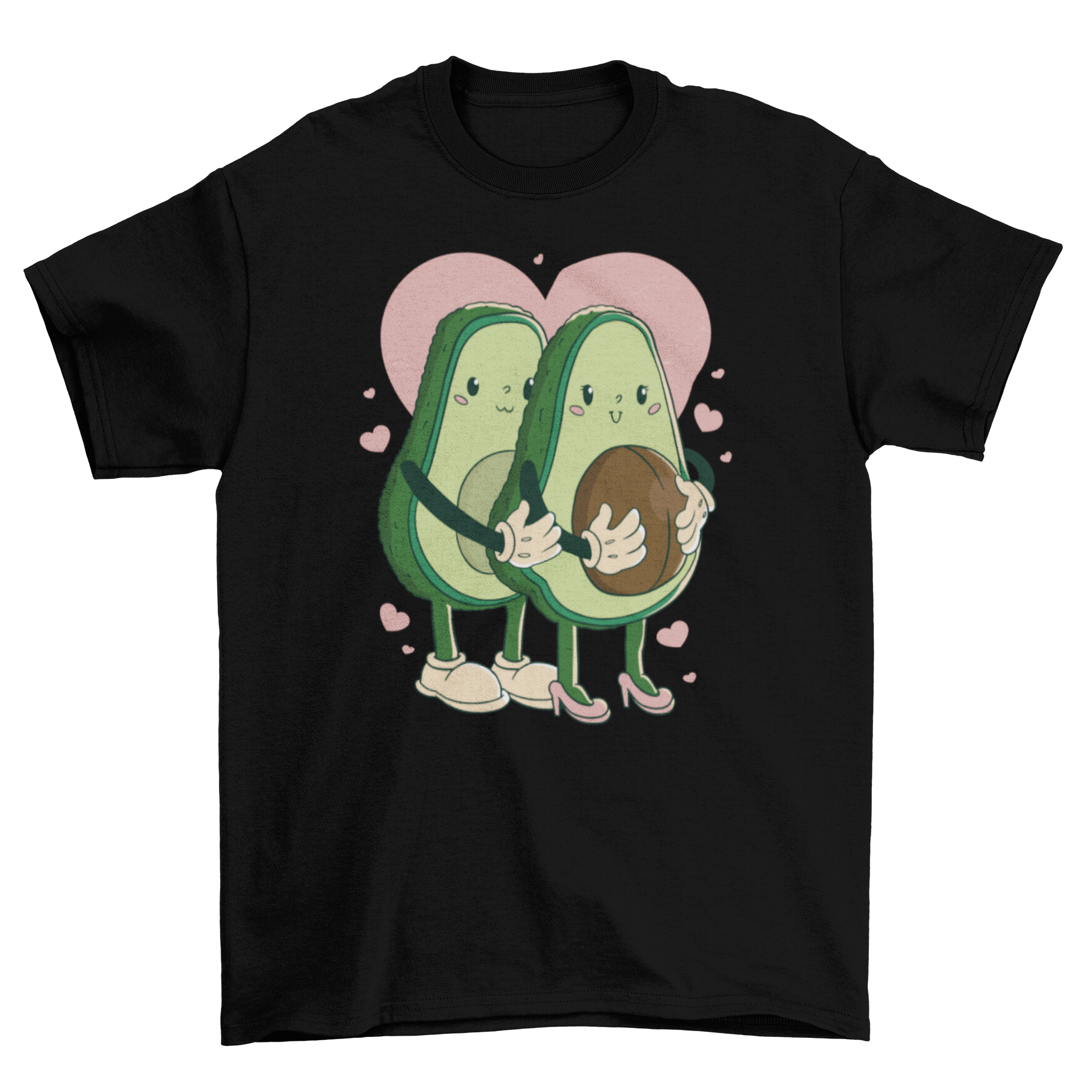 Happy avocado couple t-shirt featuring two avocados hugging with a heart in the background.