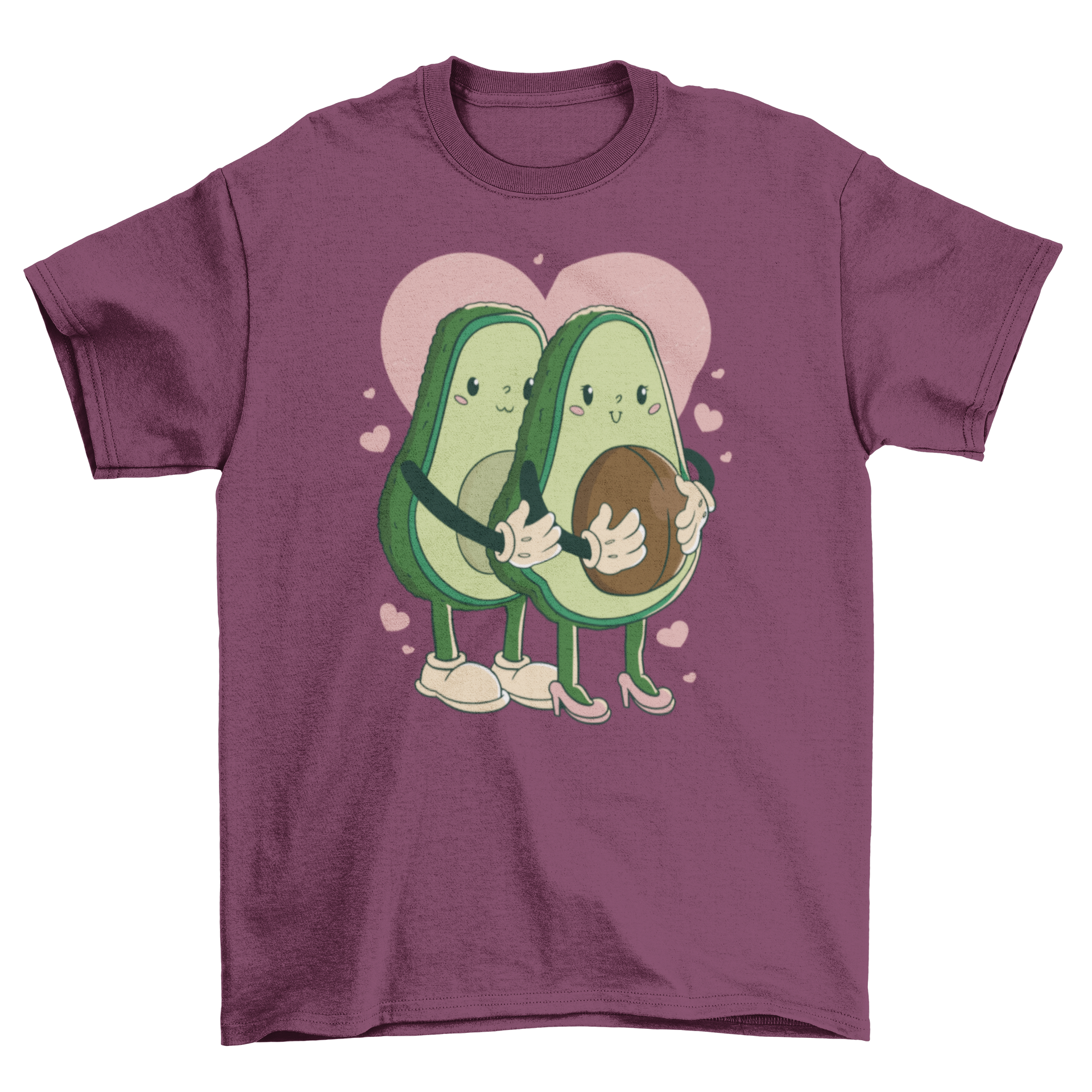 Happy avocado couple t-shirt featuring two avocados hugging with a heart in the background.