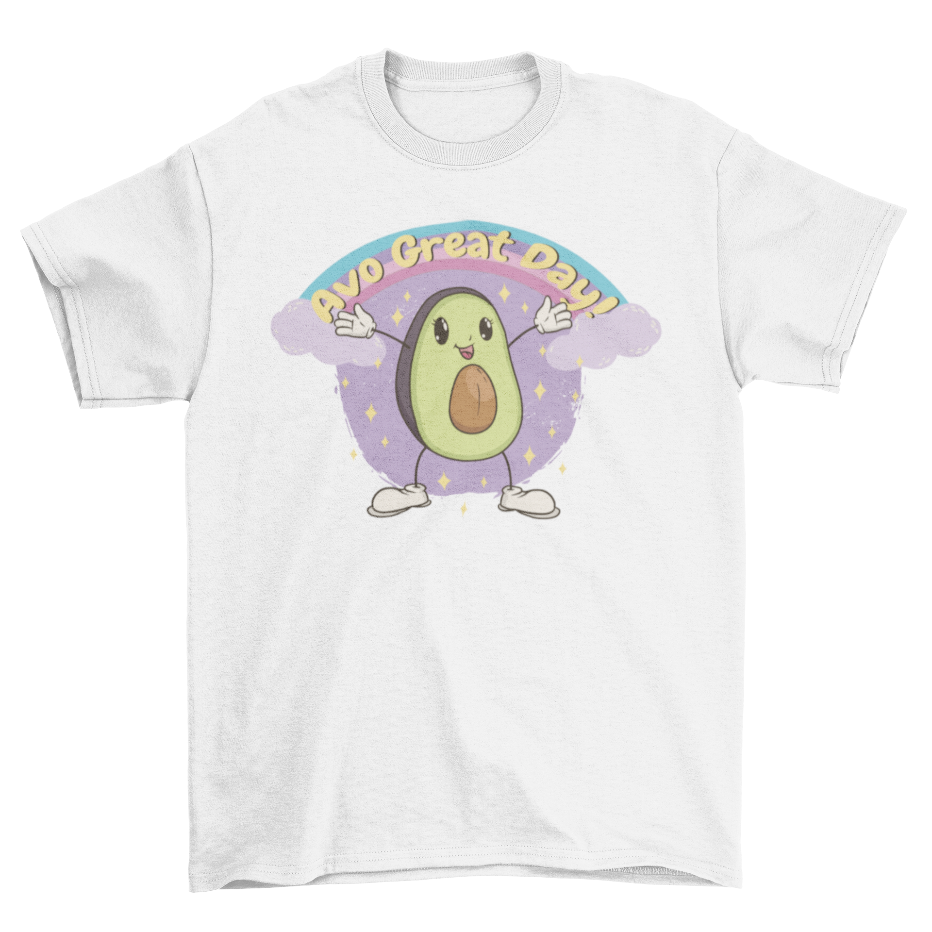 Happy avocado smiling t-shirt featuring a cheerful avocado graphic and the quote 'Avo great day'.