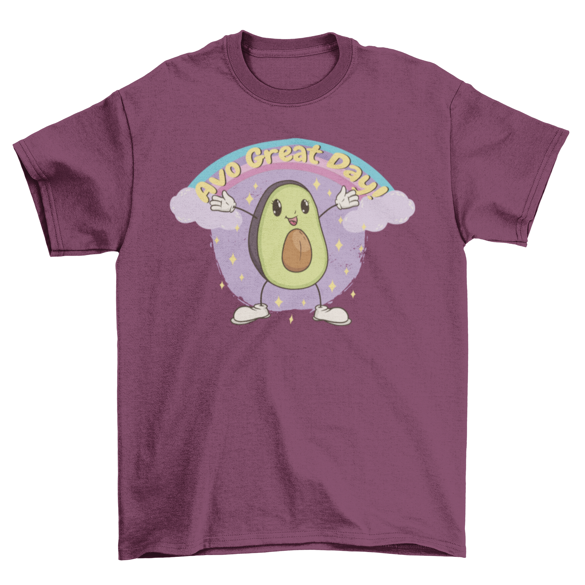 Happy avocado smiling t-shirt featuring a cheerful avocado graphic and the quote 'Avo great day'.