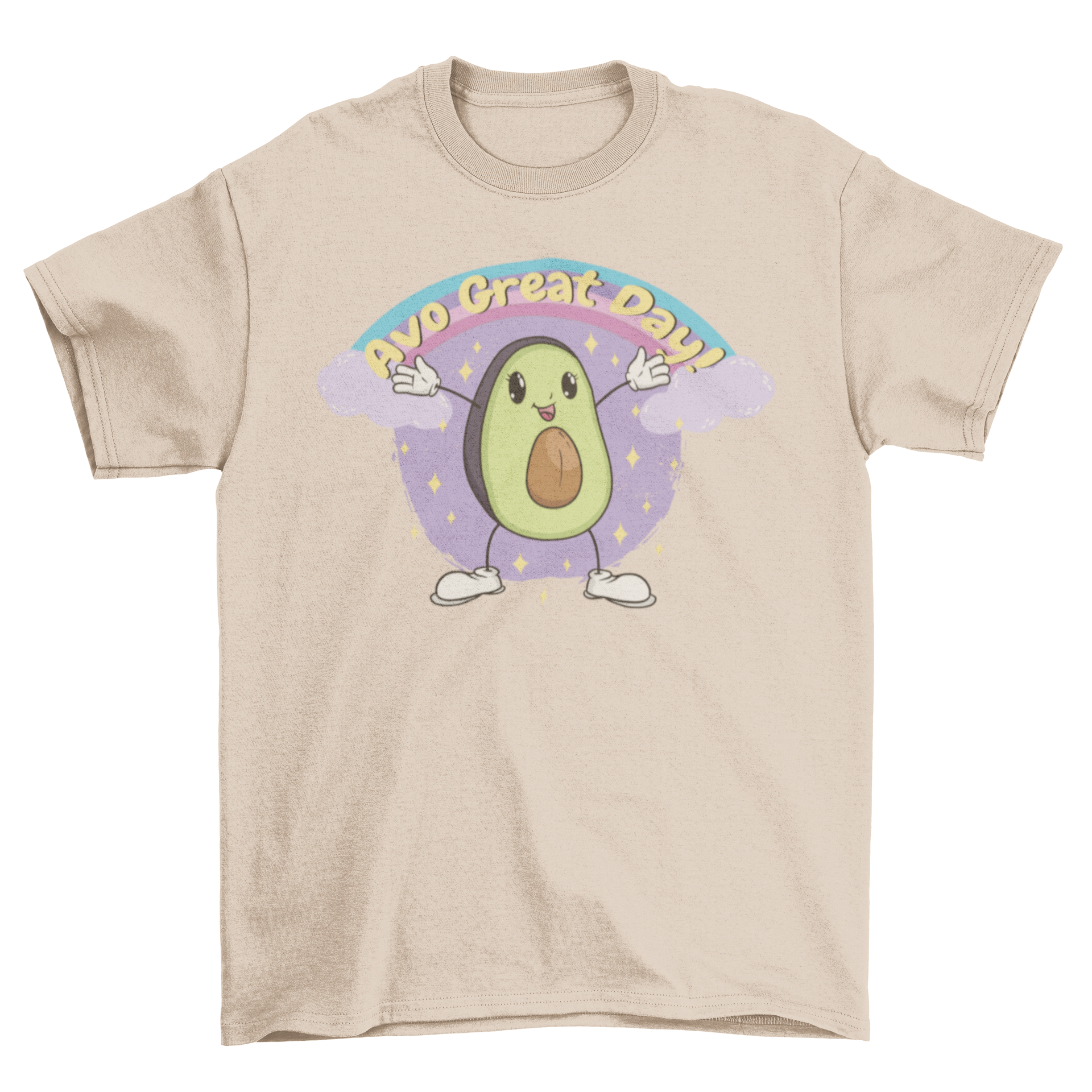 Happy avocado smiling t-shirt featuring a cheerful avocado graphic and the quote 'Avo great day'.