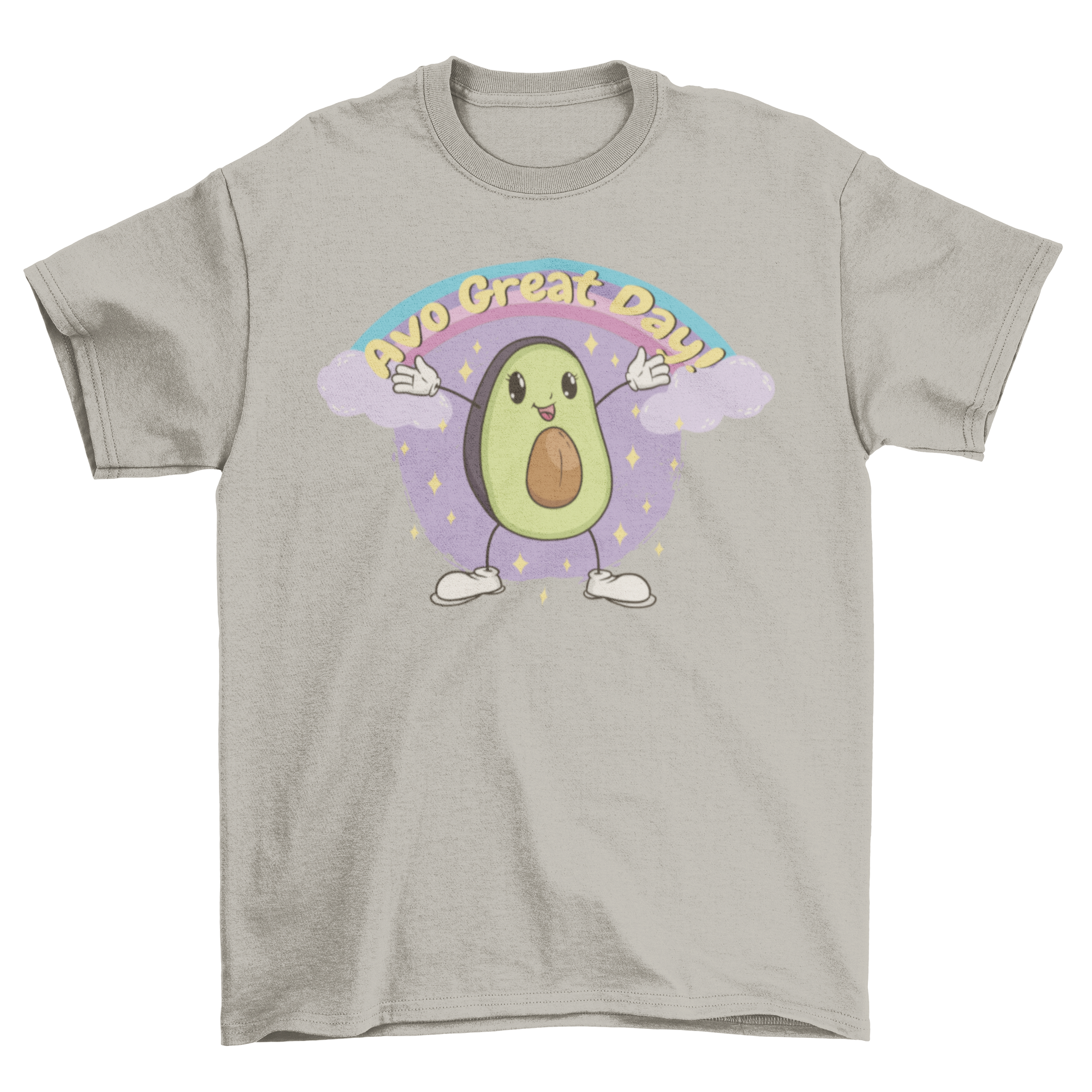 Happy avocado smiling t-shirt featuring a cheerful avocado graphic and the quote 'Avo great day'.