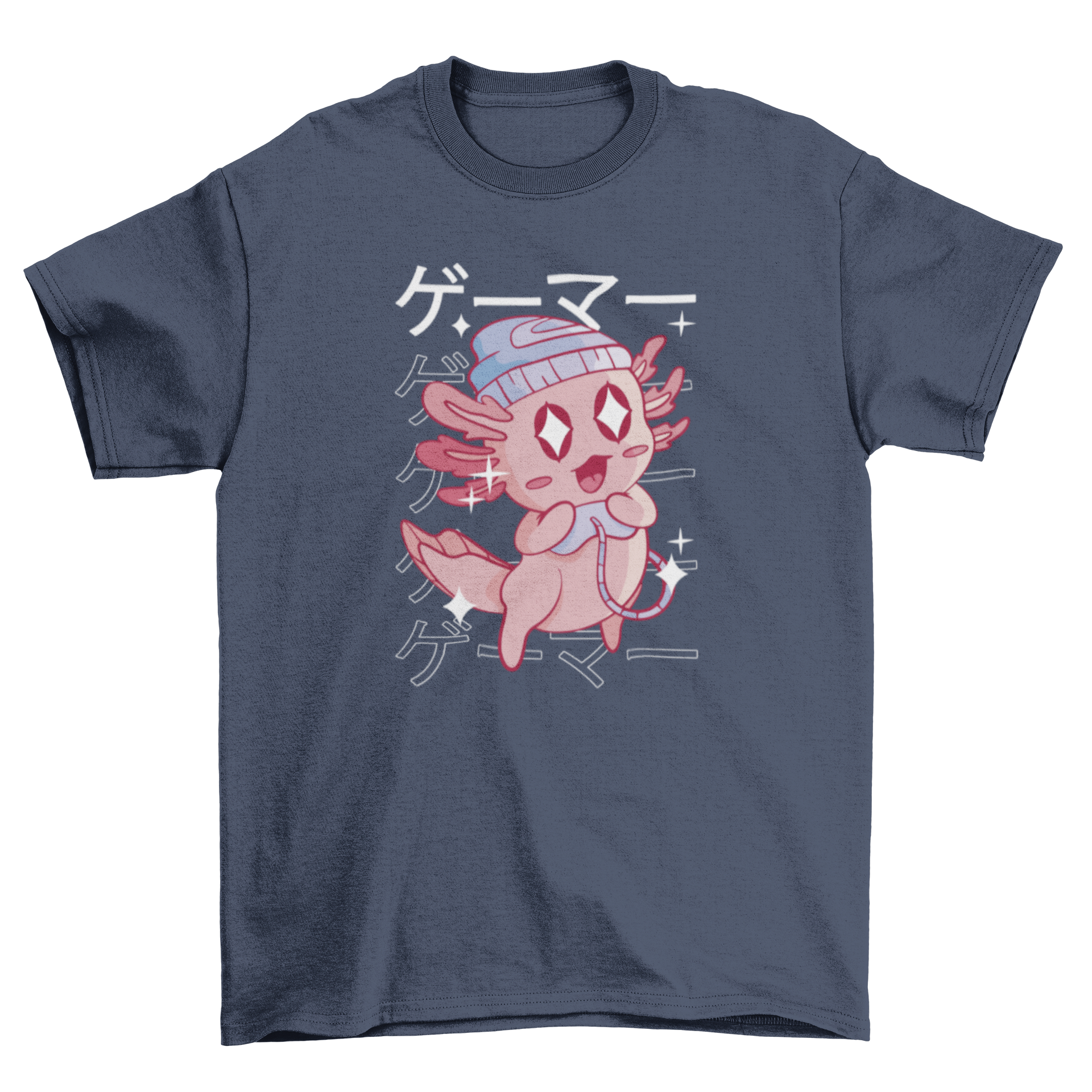 A kawaii t-shirt featuring a cute axolotl holding a joystick with a Japanese gamer quote.