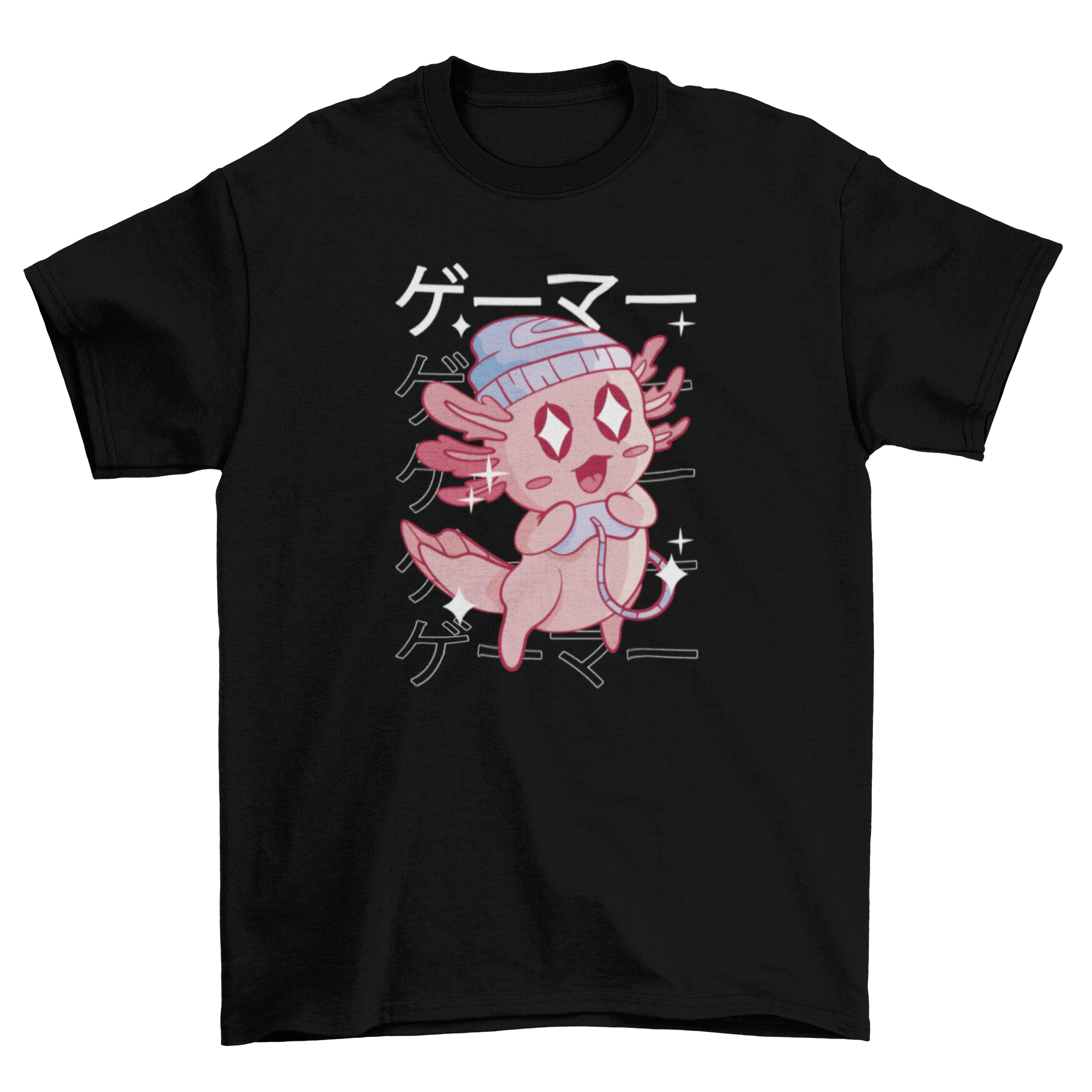 A kawaii t-shirt featuring a cute axolotl holding a joystick with a Japanese gamer quote.