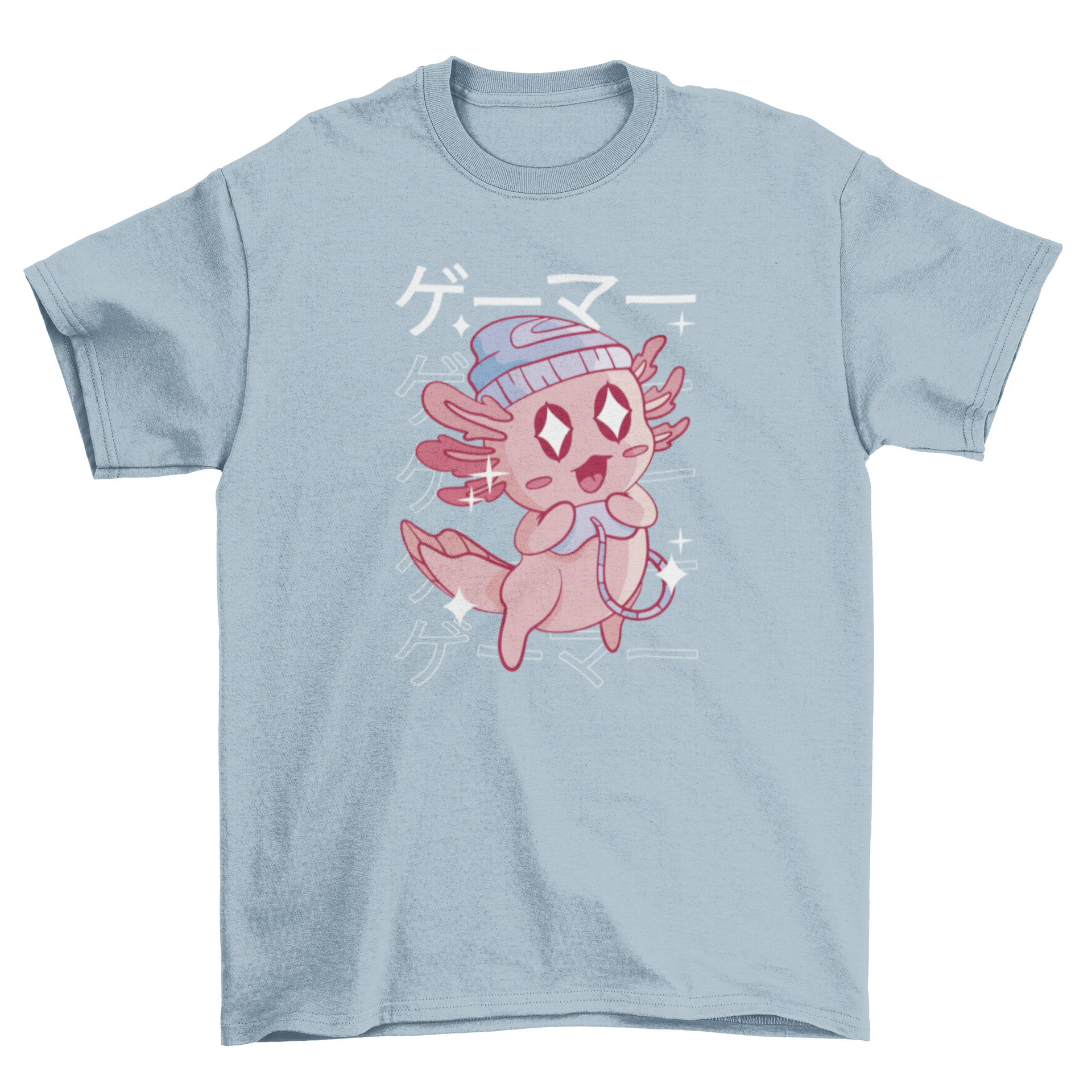 A kawaii t-shirt featuring a cute axolotl holding a joystick with a Japanese gamer quote.