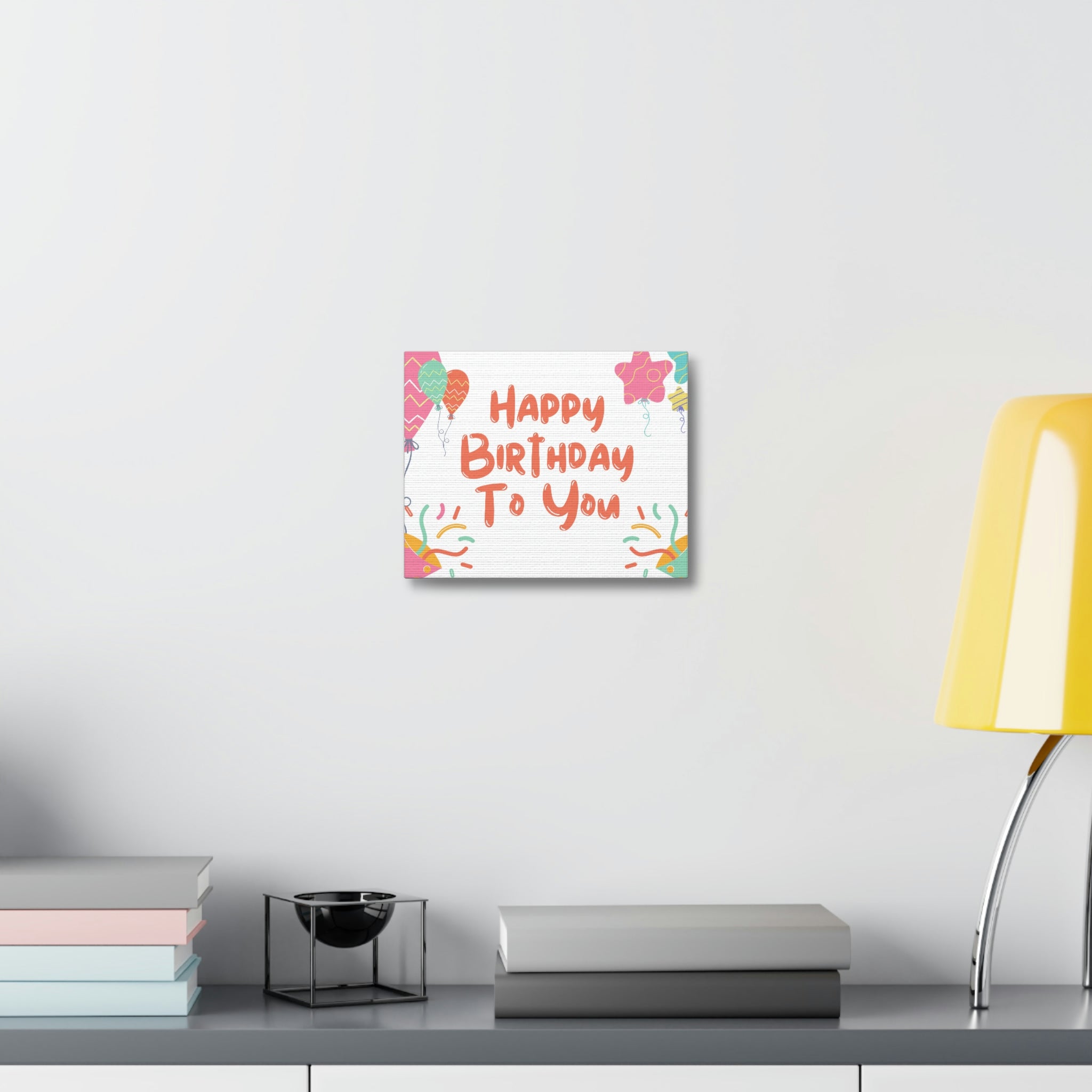 Happy Birthday to You Stretched Canvas featuring vibrant colors and festive design, perfect for indoor decoration.