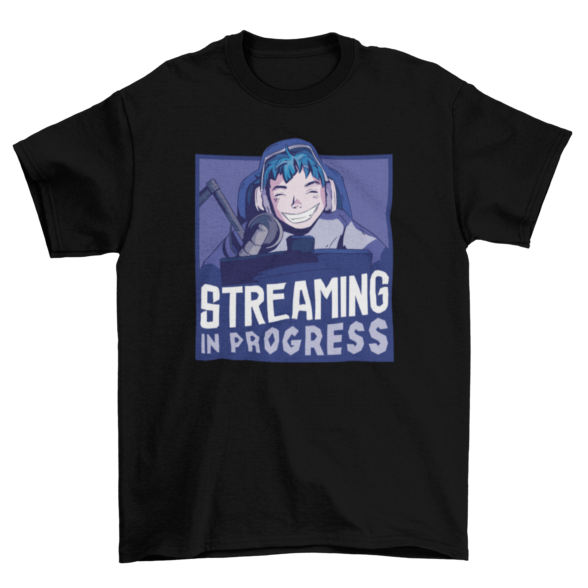 Happy Boy Gaming Streamer T-Shirt featuring a boy with headphones and a microphone, with the quote 'Streaming in progress'.