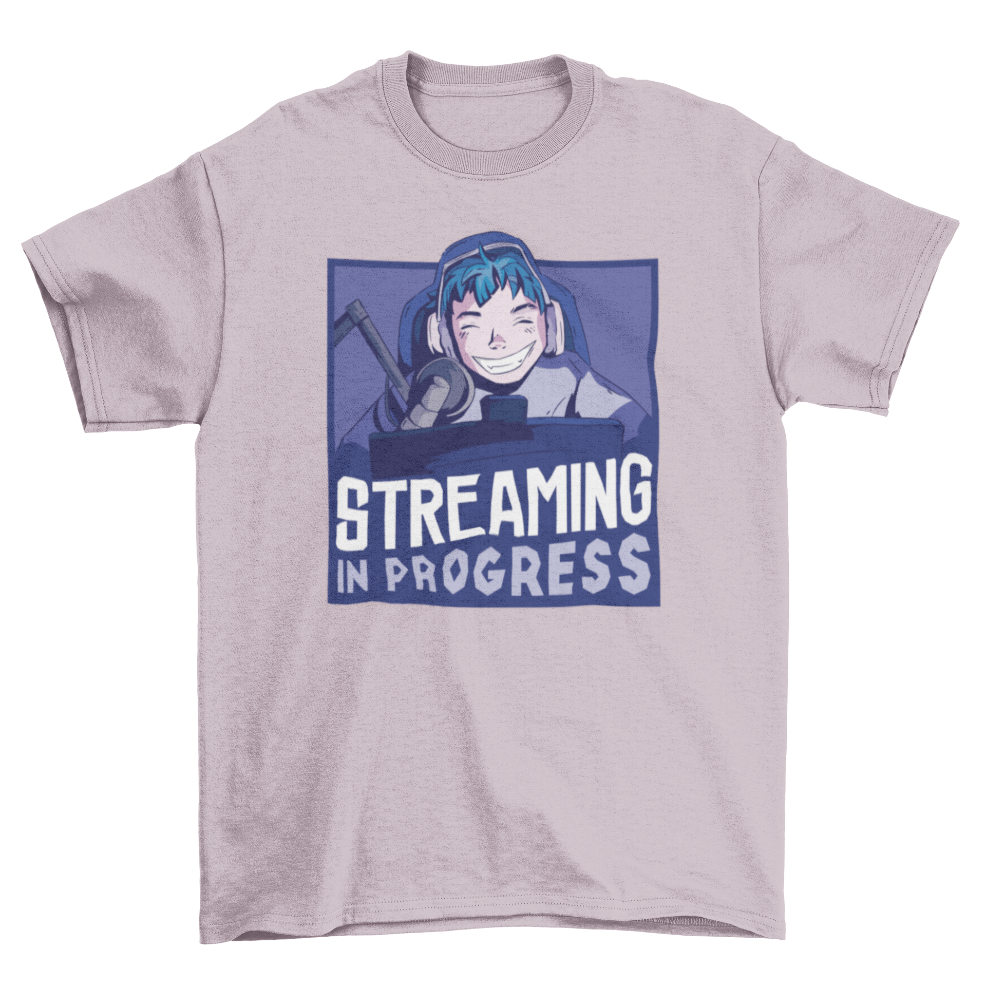 Happy Boy Gaming Streamer T-Shirt featuring a boy with headphones and a microphone, with the quote 'Streaming in progress'.