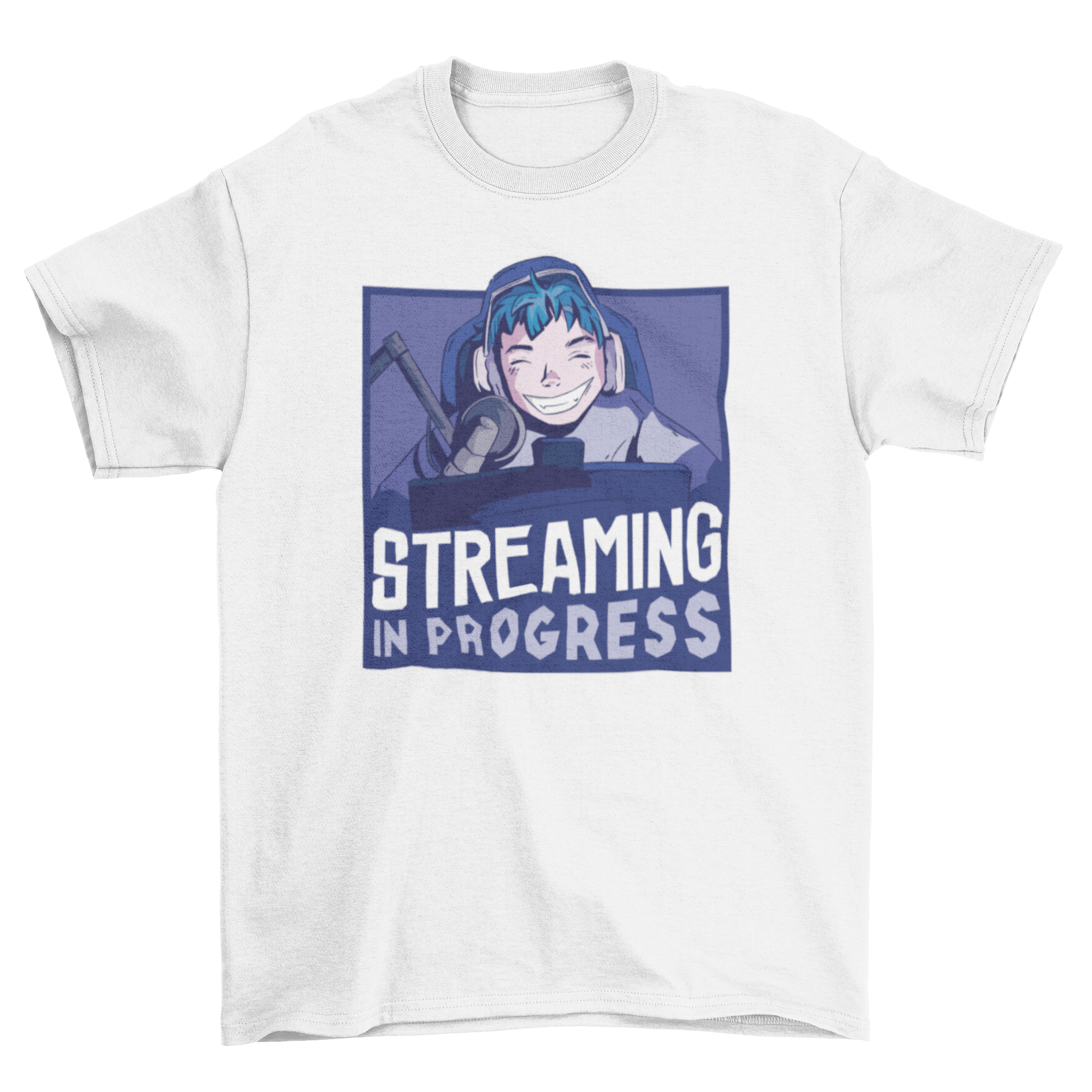 Happy Boy Gaming Streamer T-Shirt featuring a boy with headphones and a microphone, with the quote 'Streaming in progress'.