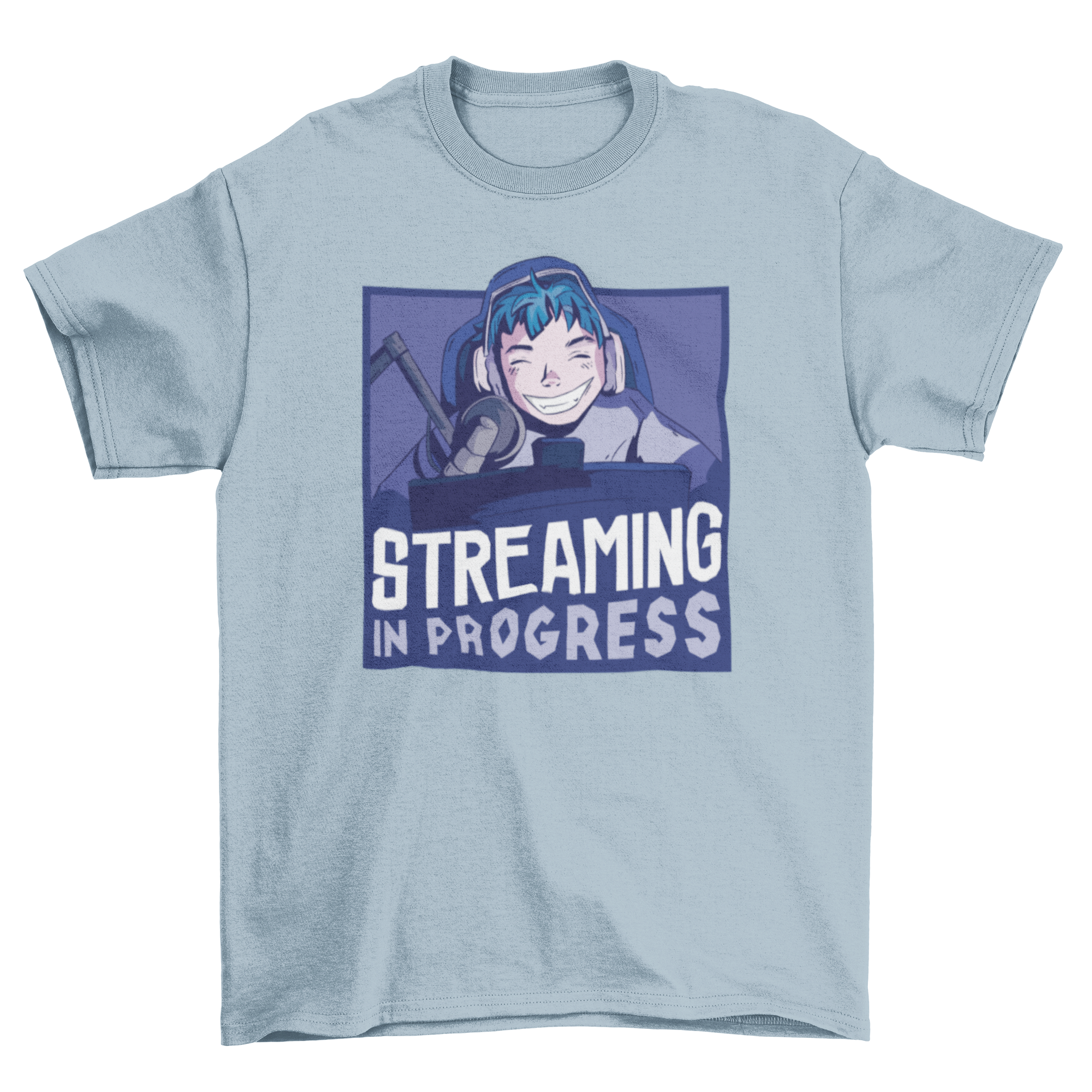 Happy Boy Gaming Streamer T-Shirt featuring a boy with headphones and a microphone, with the quote 'Streaming in progress'.