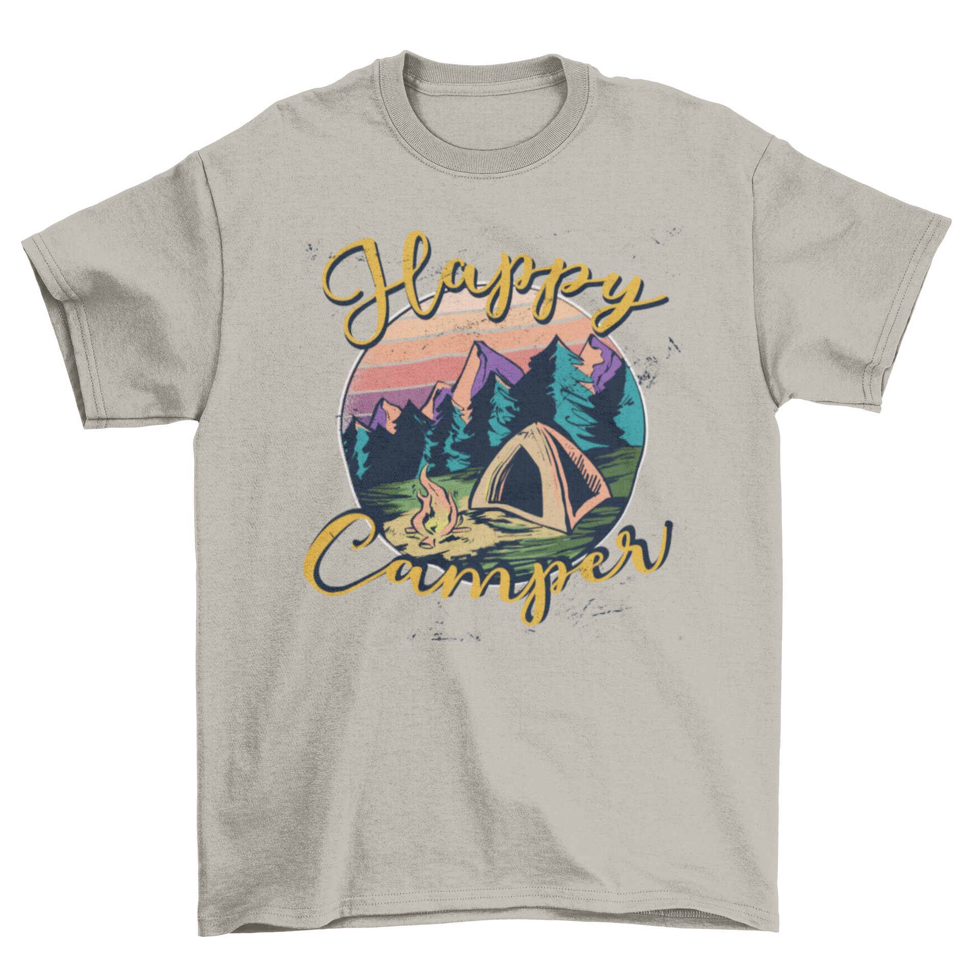 Happy Camper Lettering T-shirt featuring a tent and fireplace illustration with the text 'happy camper'.