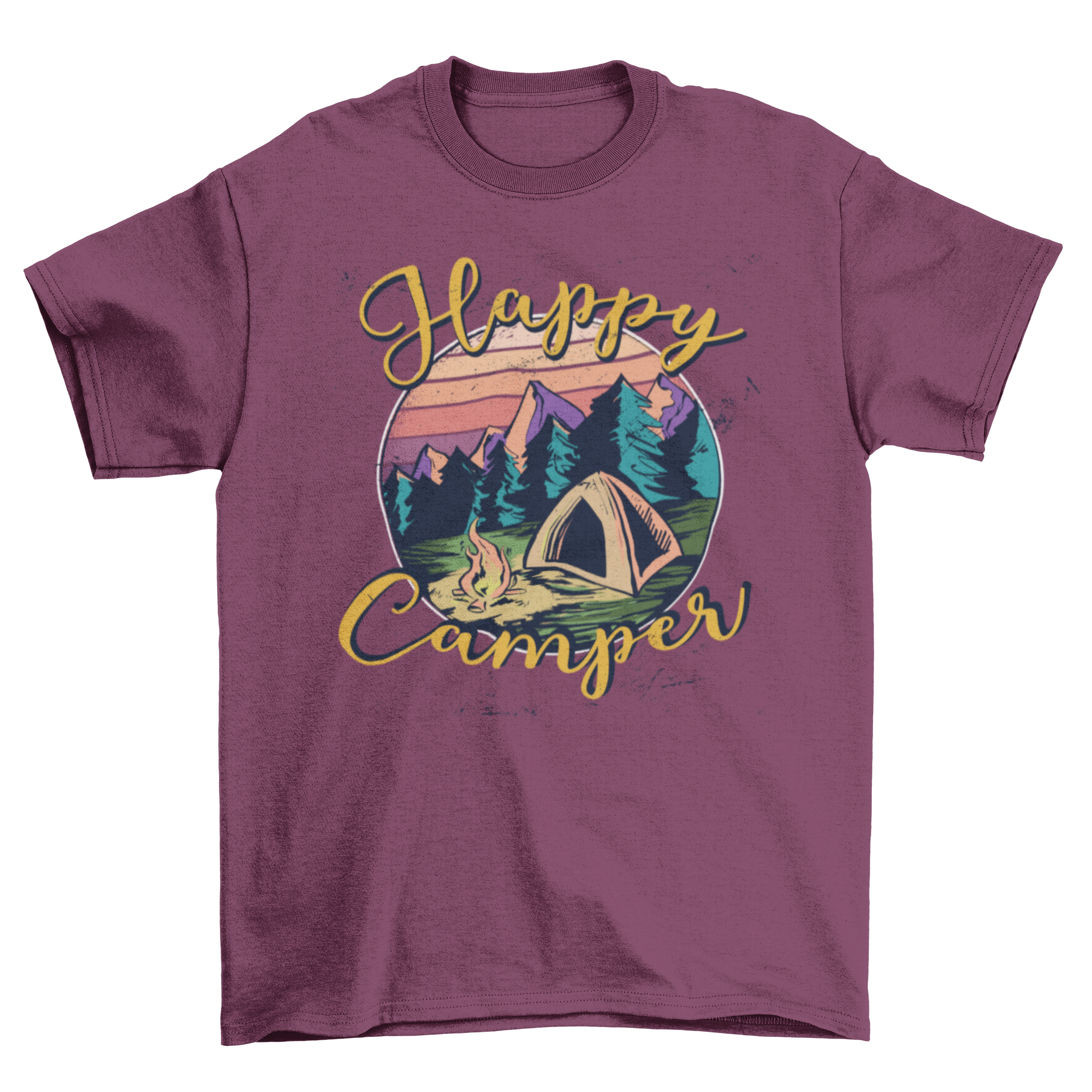 Happy Camper Lettering T-shirt featuring a tent and fireplace illustration with the text 'happy camper'.