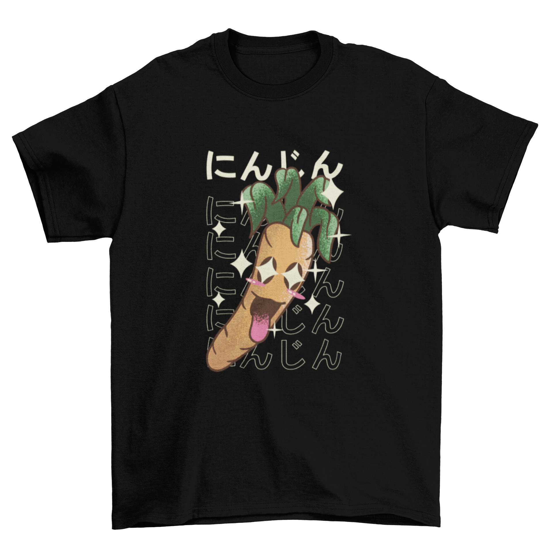 A cheerful t-shirt design featuring a happy carrot and the word 'carrot' in Japanese, showcasing a cute and playful aesthetic.