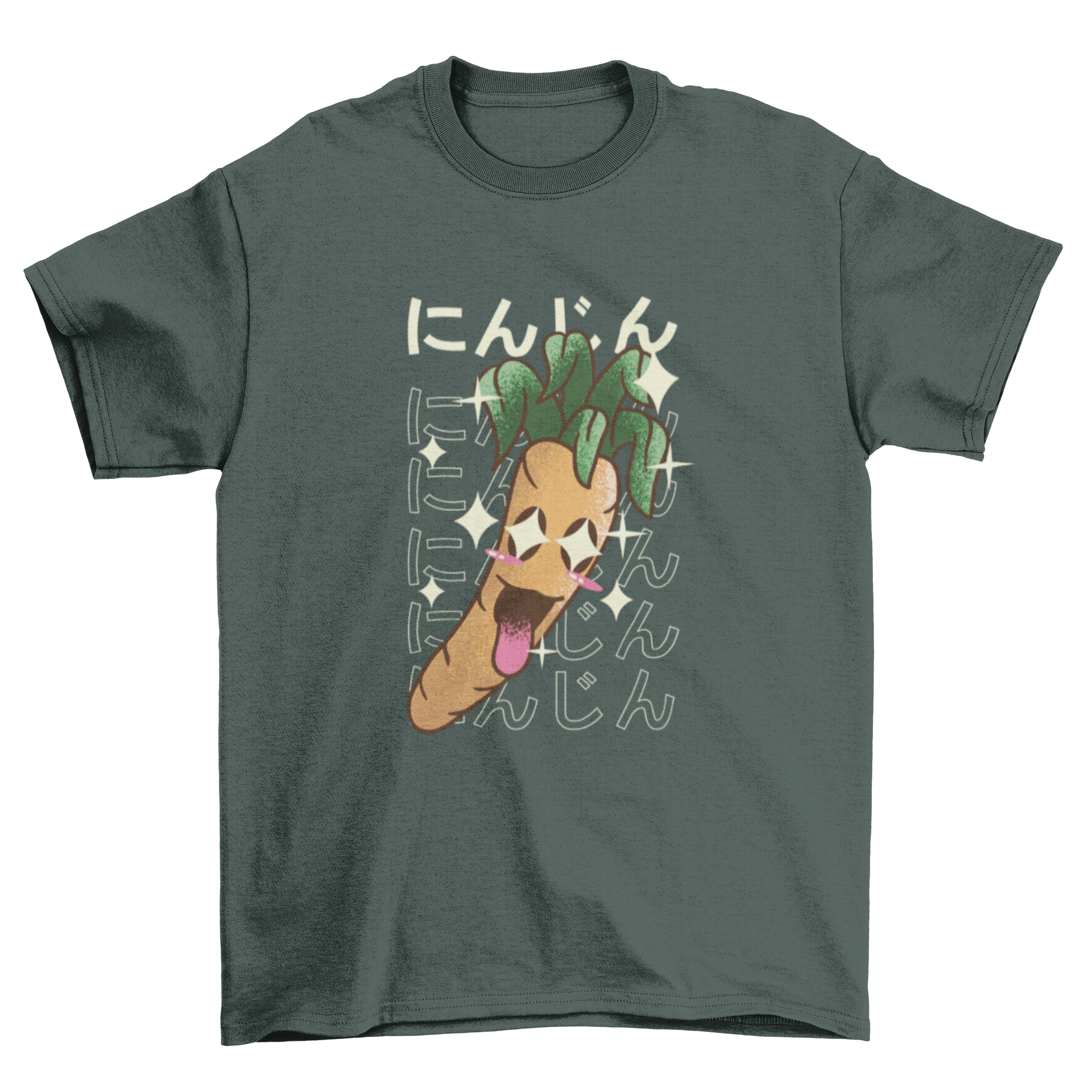 A cheerful t-shirt design featuring a happy carrot and the word 'carrot' in Japanese, showcasing a cute and playful aesthetic.