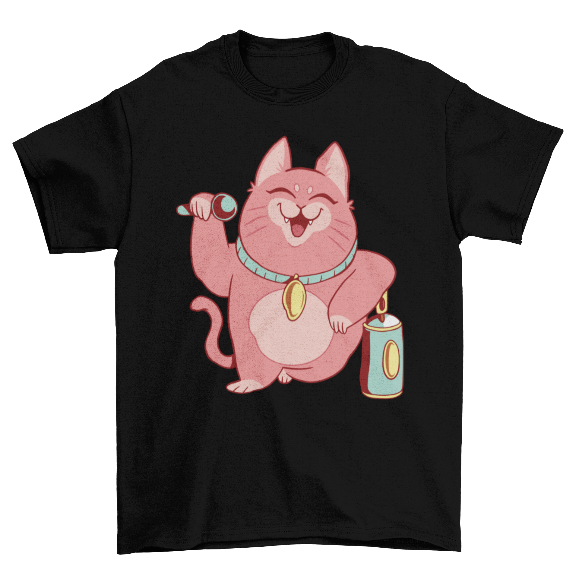 A colorful t-shirt featuring a cartoon cat singing with a microphone, leaning against a graffiti can.